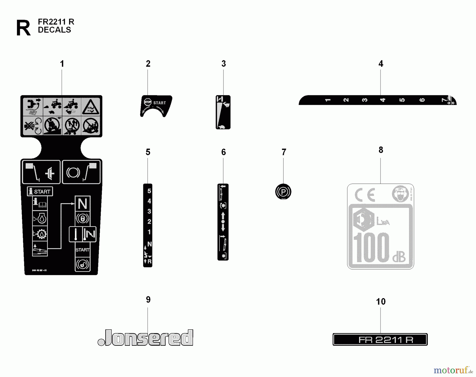 Jonsered Reitermäher FR2211 R (965190101) - Jonsered Rear-Engine Riding Mower (2009-04) DECALS