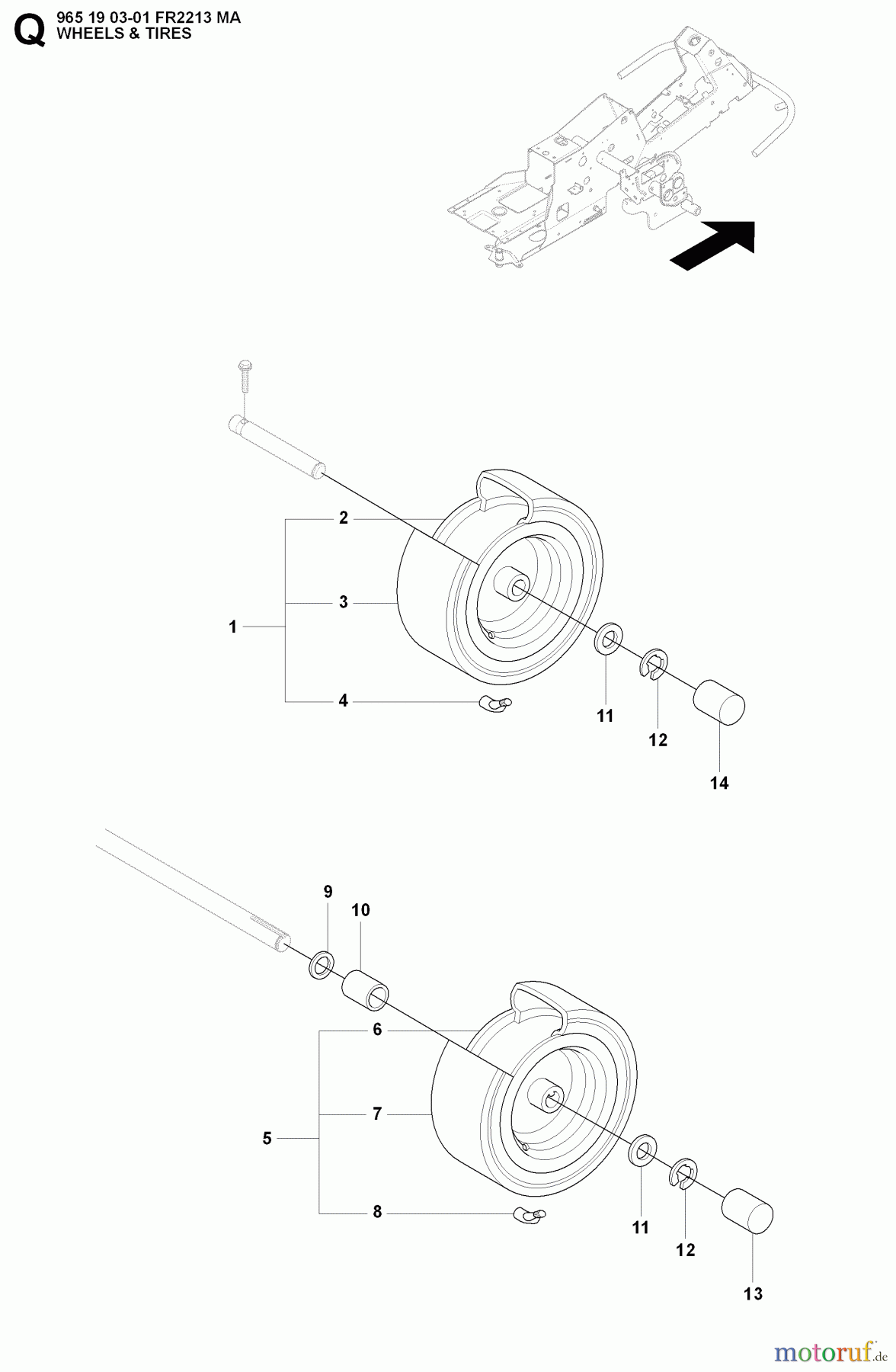 Jonsered Reitermäher FR2213 MA (965190301) - Jonsered Rear-Engine Riding Mower (2008-01) WHEELS TIRES