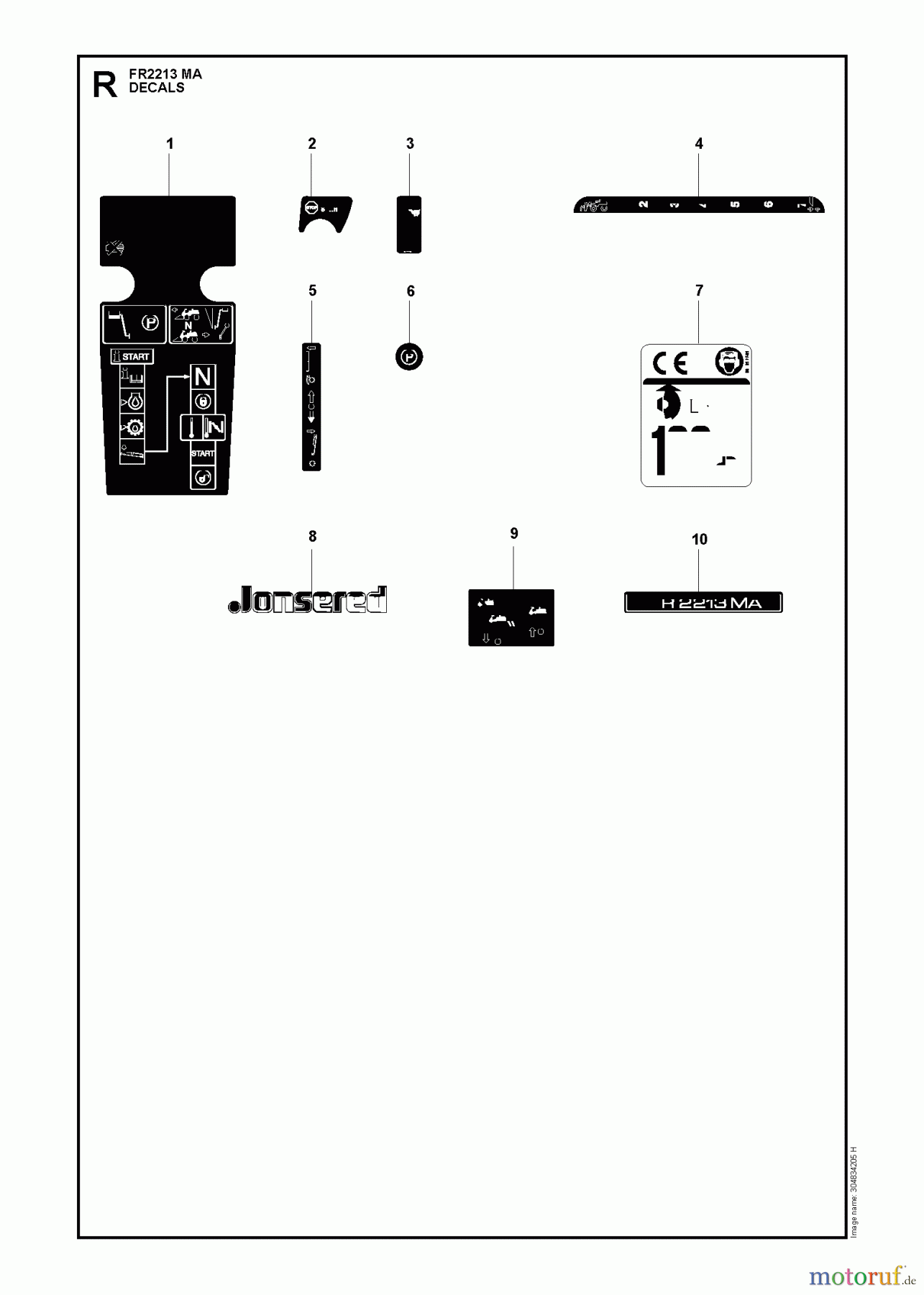 Jonsered Reitermäher FR2213 MA (965190301) - Jonsered Rear-Engine Riding Mower (2009-04) DECALS