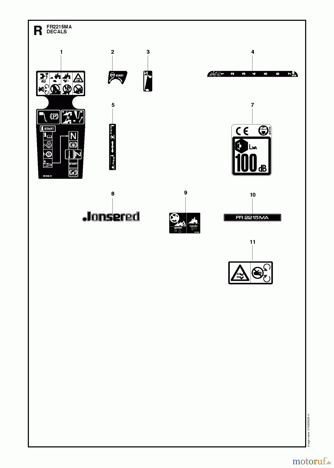 Jonsered Reitermäher FR2213 MA (966802101) - Jonsered Rear-Engine Riding Mower (2012) DECALS