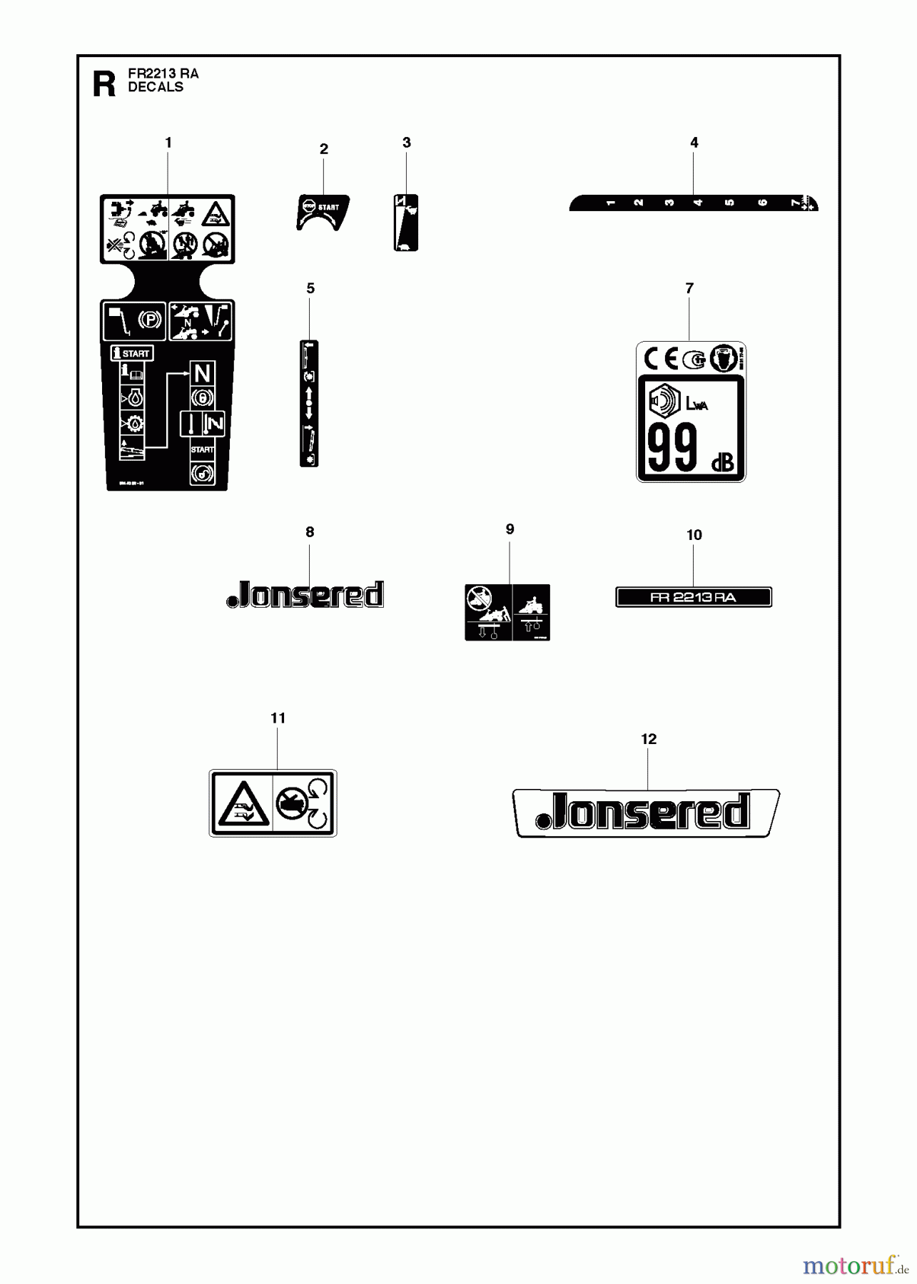 Jonsered Reitermäher FR2213 RA (966773301) - Jonsered Rear-Engine Riding Mower (2012) DECALS