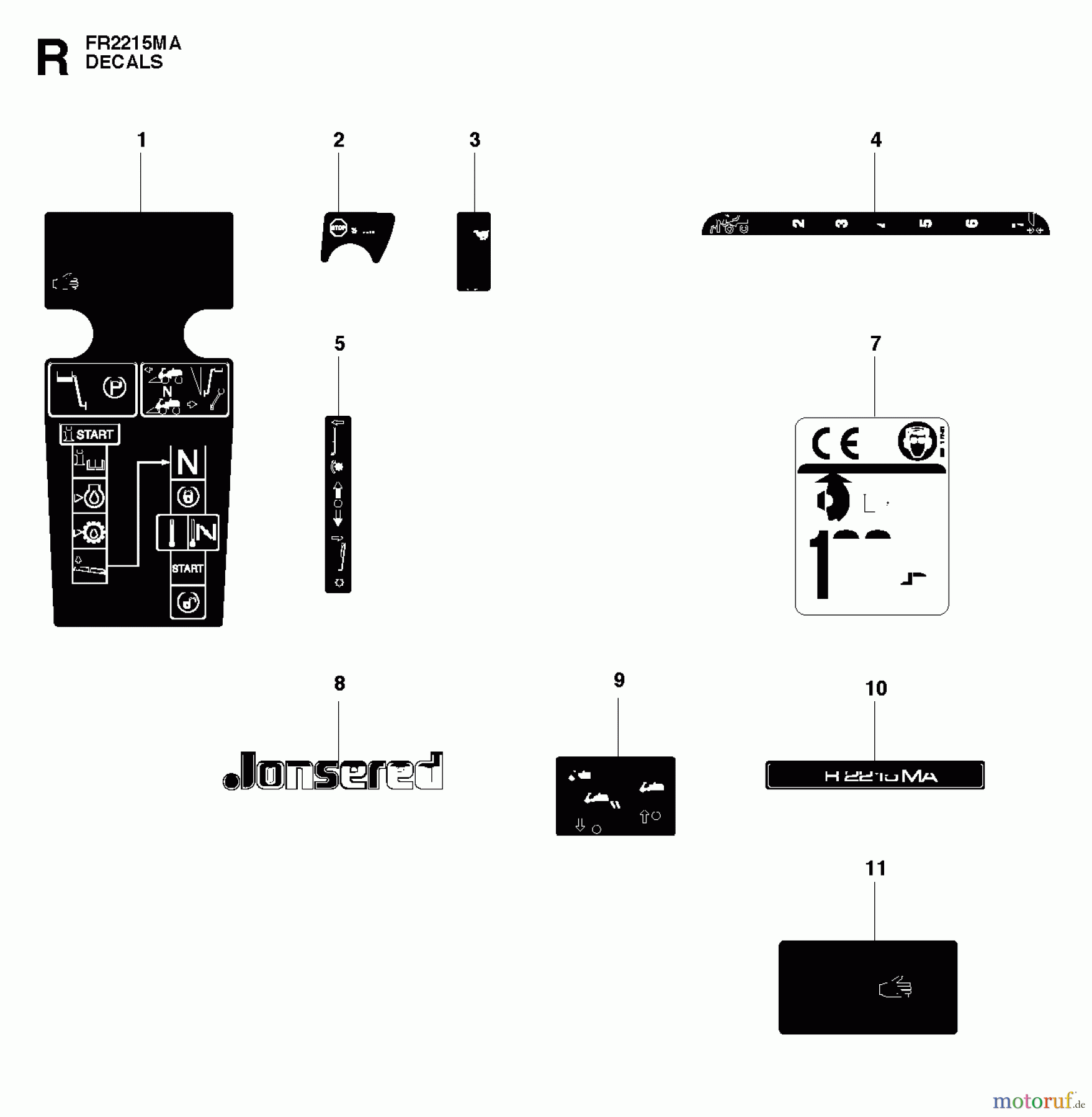 Jonsered Reitermäher FR2215 MA (966632101) - Jonsered Rear-Engine Riding Mower (2011) DECALS