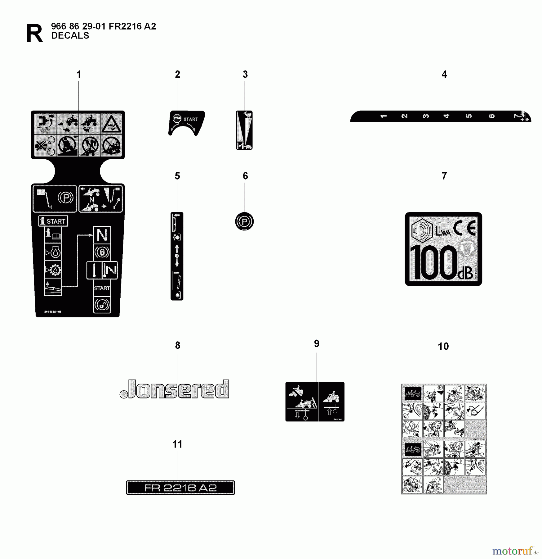 Jonsered Reitermäher FR2216 A2 (966862901) - Jonsered Rear-Engine Riding Mower (2008-01) DECALS