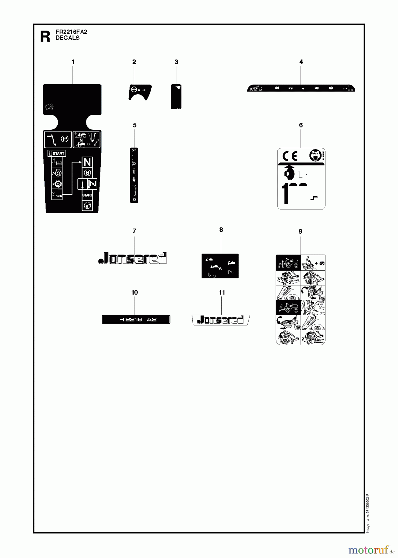  Jonsered Reitermäher FR2216 FA2 (966415101) - Jonsered Rear-Engine Riding Mower (2010-03) DECALS