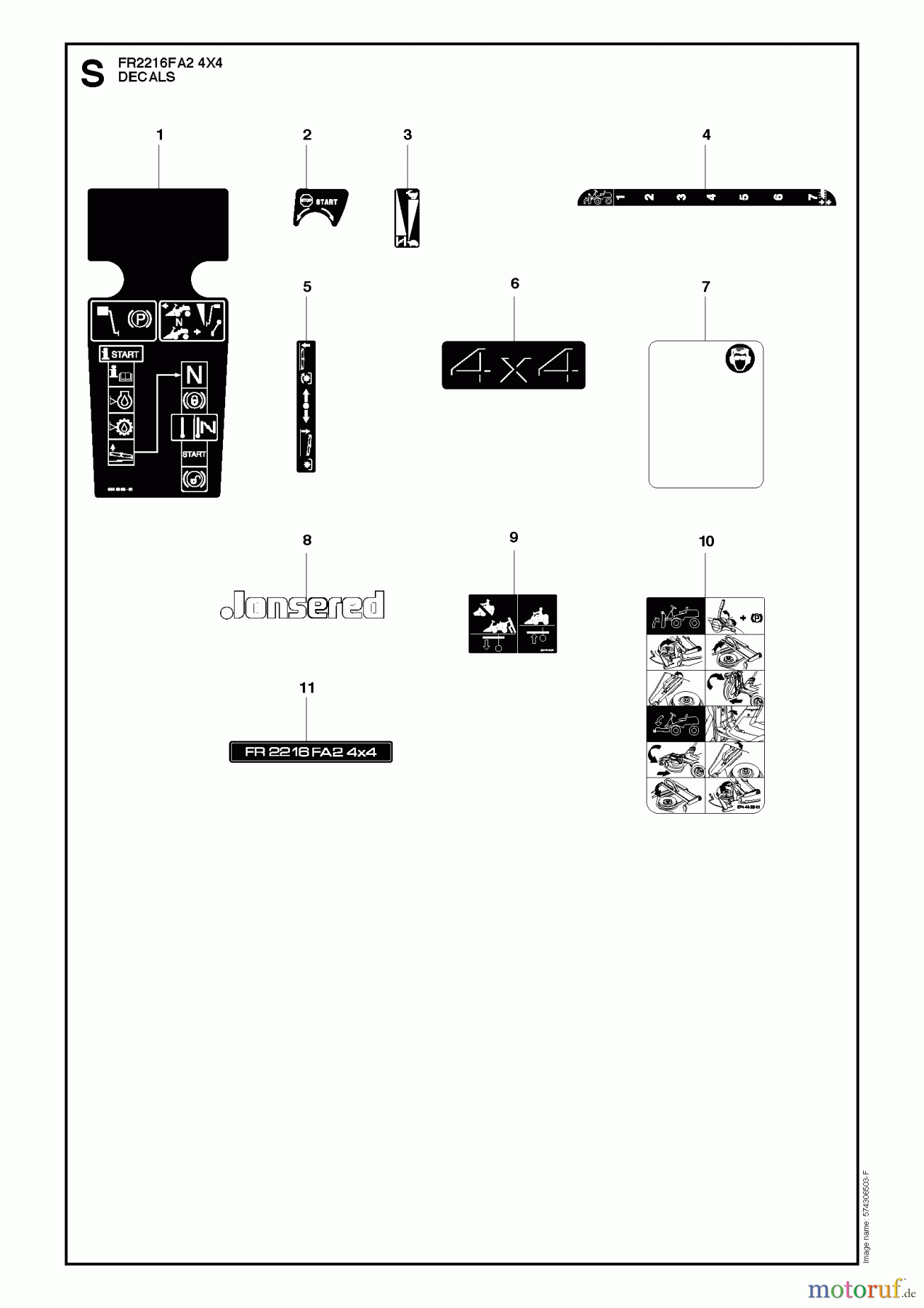 Jonsered Reitermäher FR2216 FA2 4x4 (966415201) - Jonsered Rear-Engine Riding Mower (2010-03) DECALS