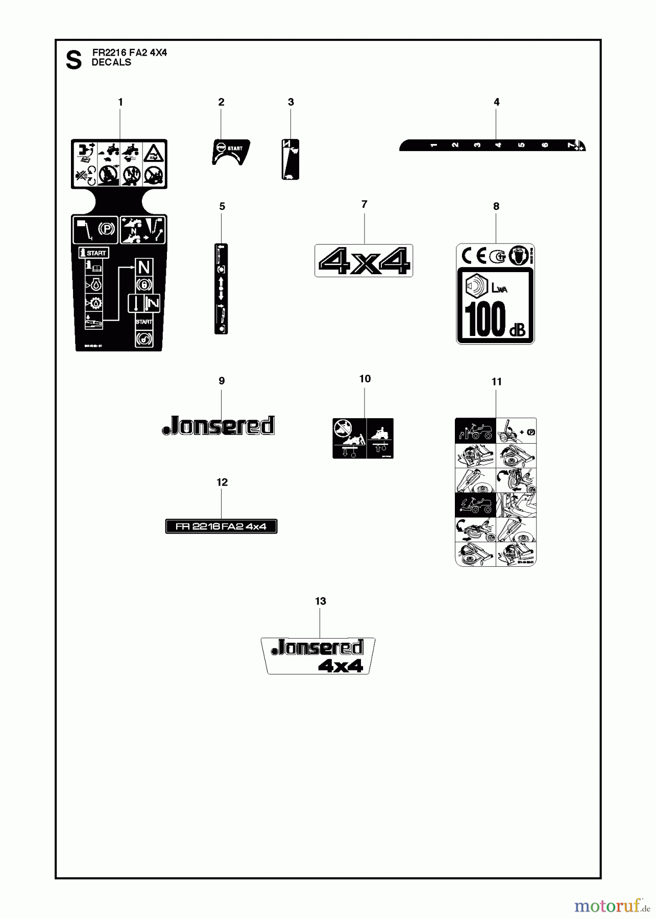  Jonsered Reitermäher FR2216 FA2 4x4 (966773901) - Jonsered Rear-Engine Riding Mower (2012) DECALS