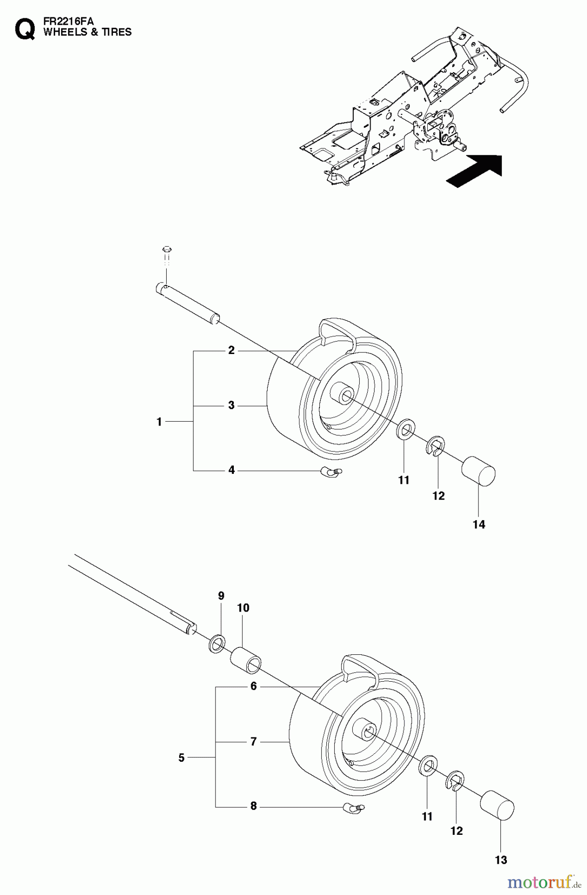  Jonsered Reitermäher FR2216 FR (966414801) - Jonsered Rear-Engine Riding Mower (2010-07) WHEELS TIRES