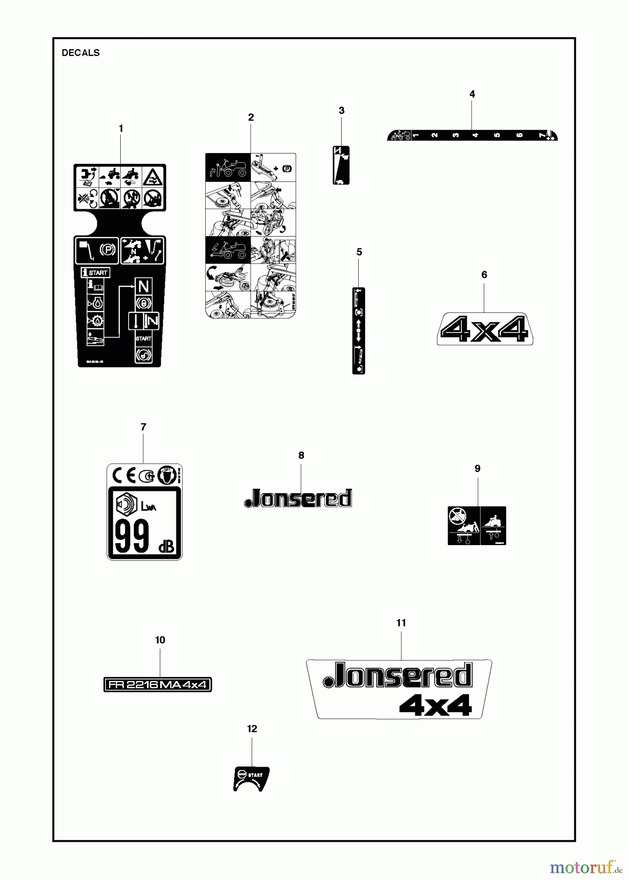 Jonsered Reitermäher FR2216 MA 4x4 (967179101) - Jonsered Rear-Engine Riding Mower (2013) DECALS