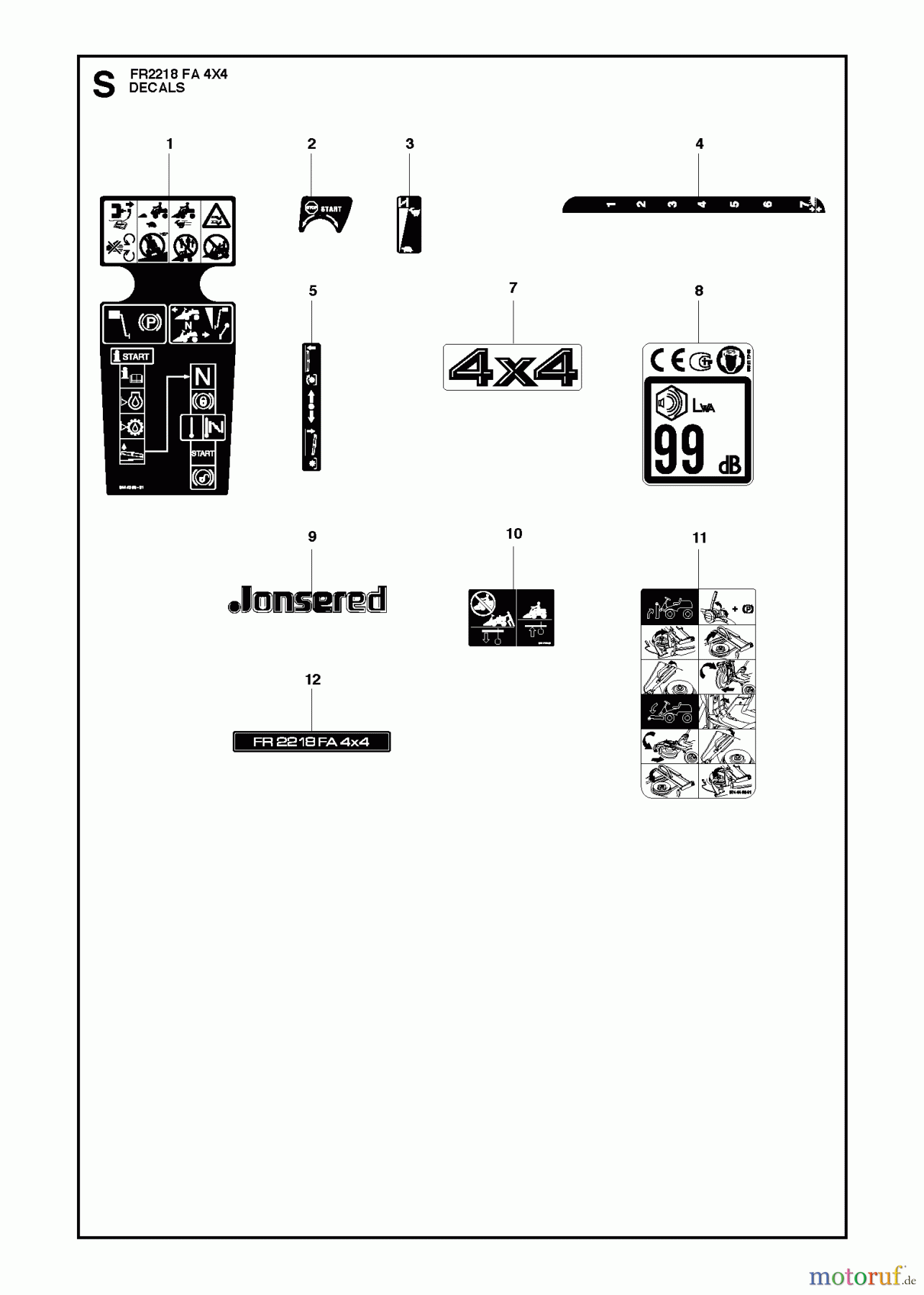  Jonsered Reitermäher FR2218 FA 4x4 (966773701) - Jonsered Rear-Engine Riding Mower (2012) DECALS