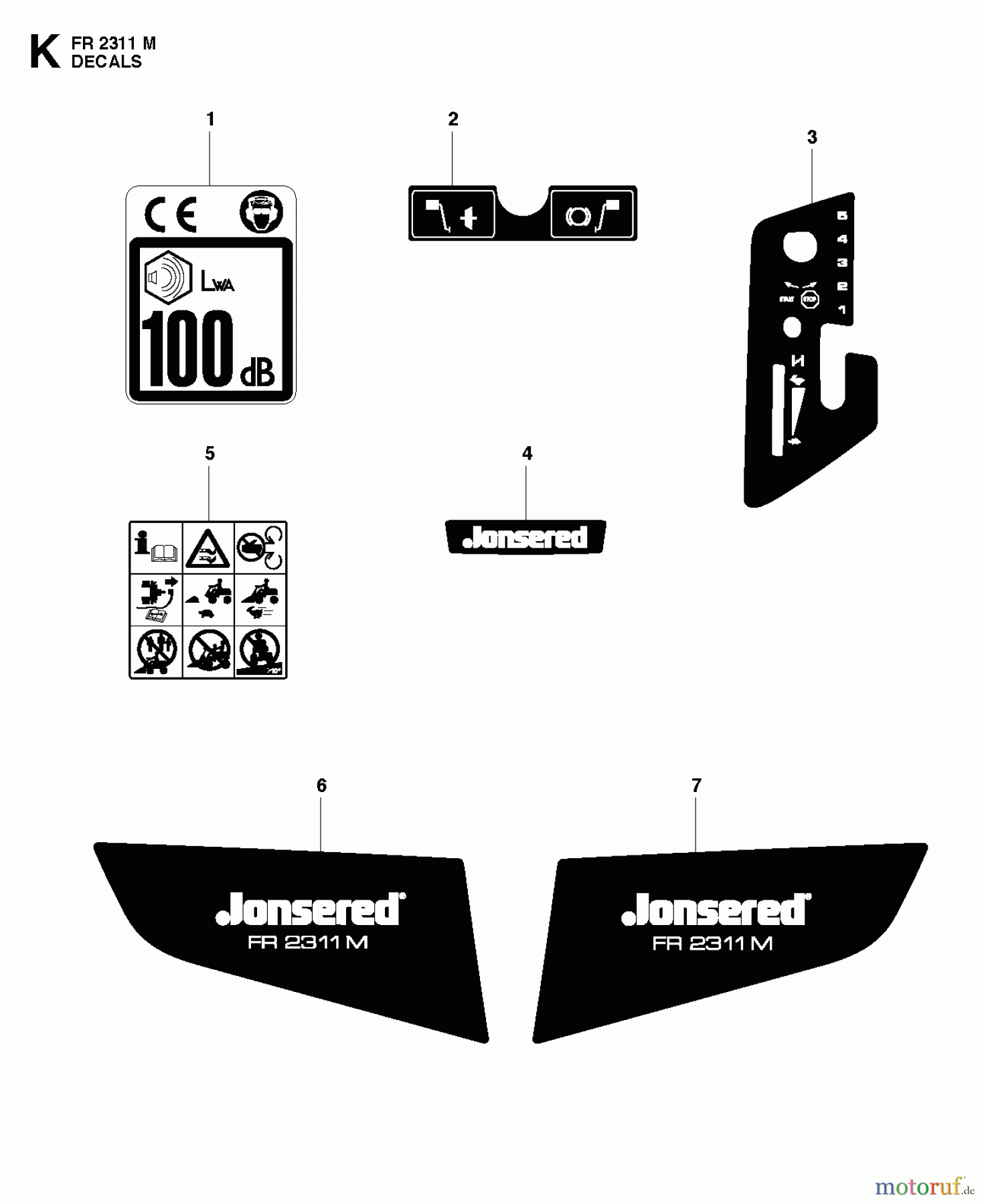 Jonsered Reitermäher FR2311 M (966639785, 966639701) - Jonsered Rear-Engine Riding Mower (2011-02) DECALS