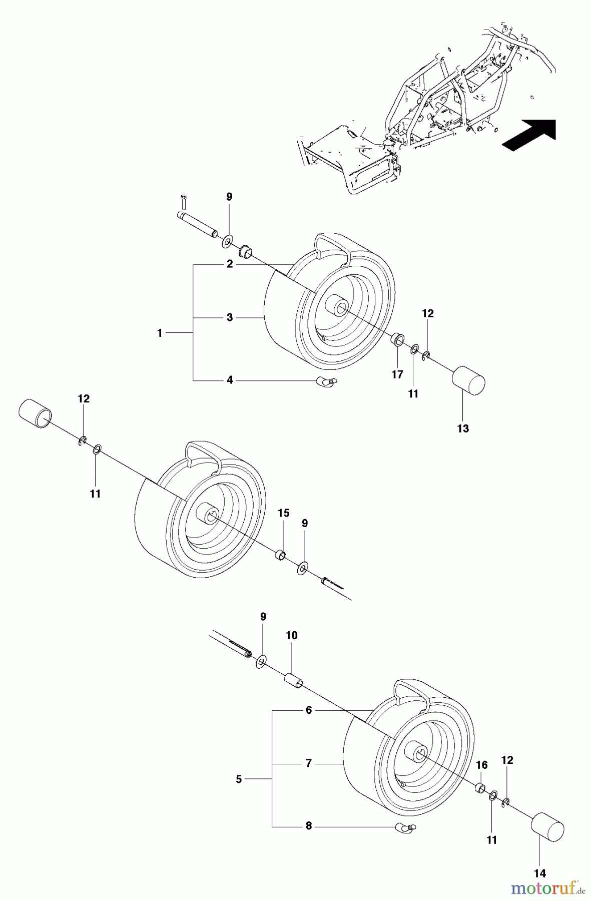 Jonsered Reitermäher FR2312 MA (966639885, 966639801) - Jonsered Rear-Engine Riding Mower (2011-02) WHEELS TIRES