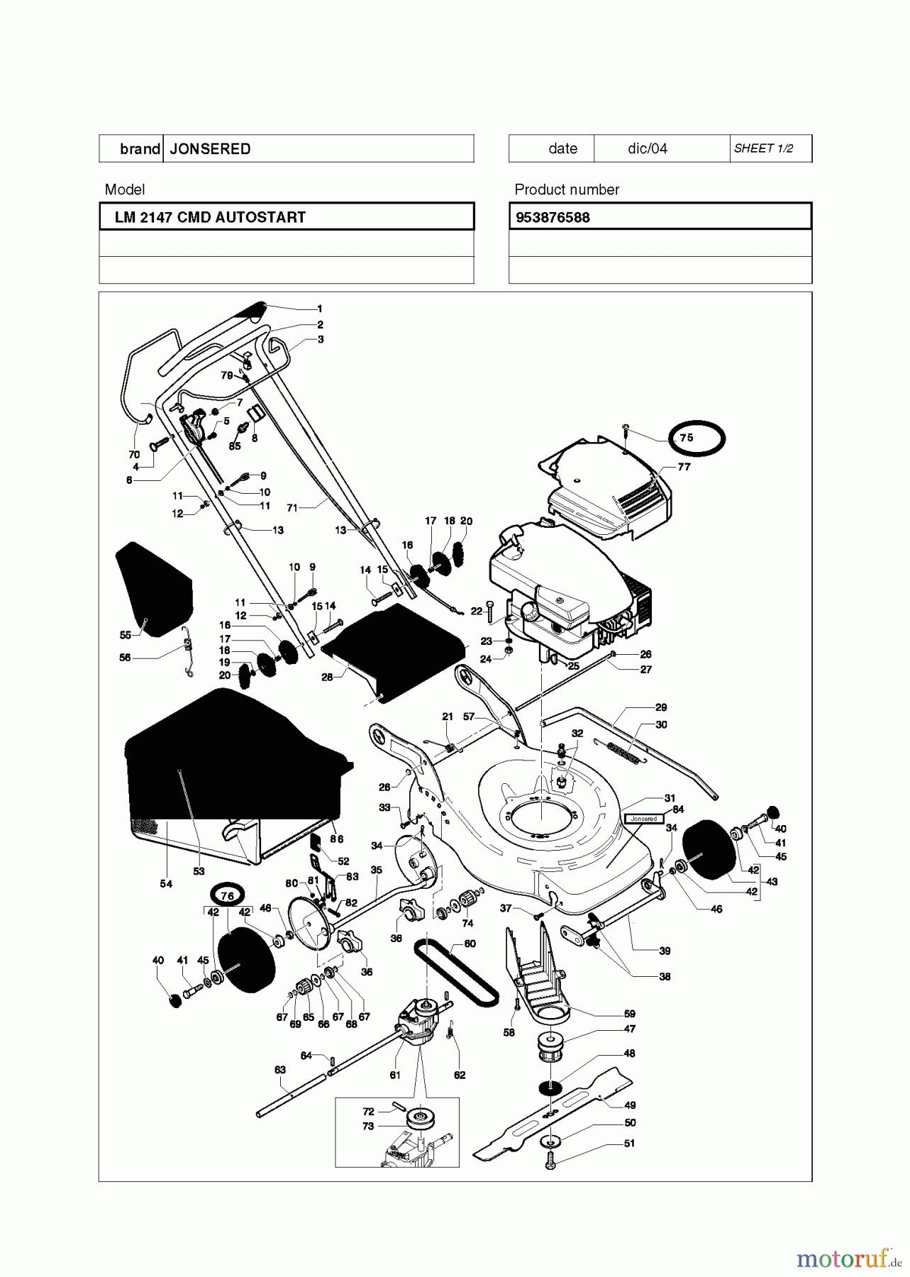  Jonsered Rasenmäher LM2147CMDAE (953876588) - Jonsered Walk-Behind Mower (2010-06) PRODUCT COMPLETE
