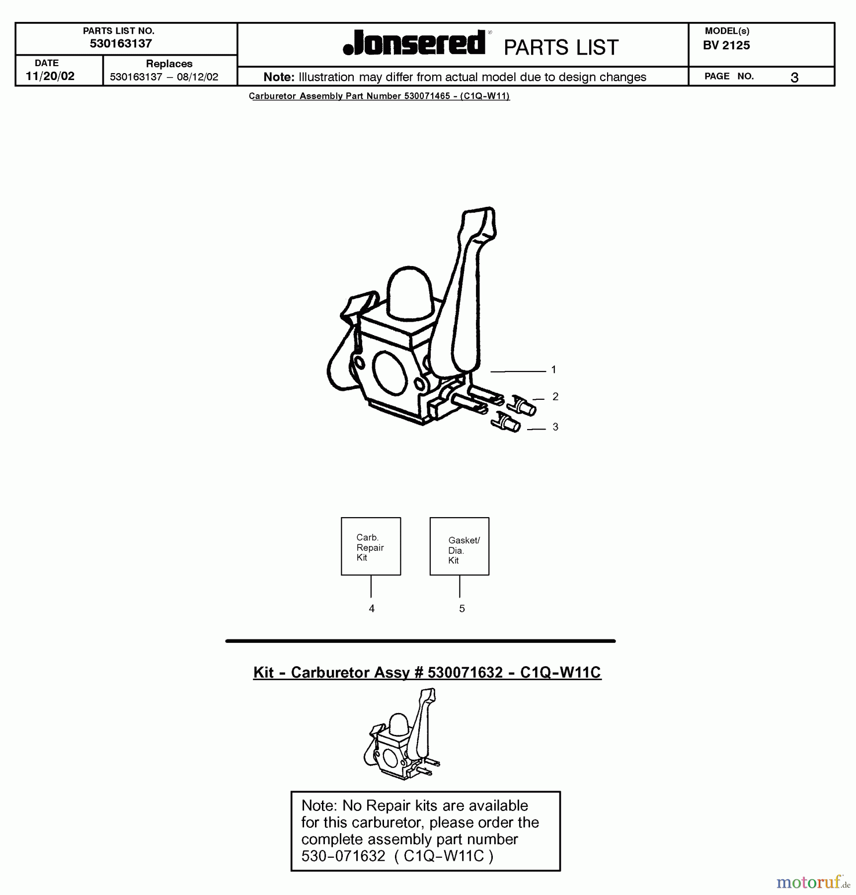 Jonsered Sonstiges BV2125 - Jonsered Blower/Vacuum (2003-01) CARBURETOR