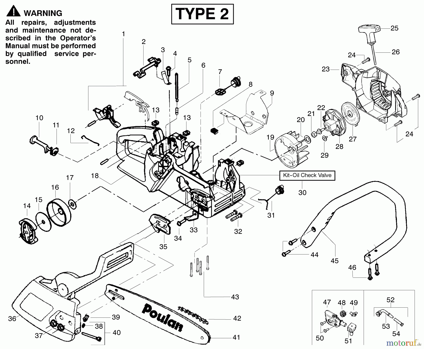 Poulan / Weed Eater Motorsägen 1950LE (Type 2) - Poulan Woodshark Chainsaw Handle, Chassis & Bar Assembly Type 2