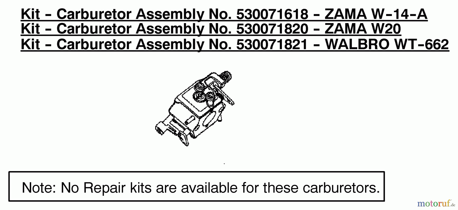 Poulan / Weed Eater Motorsägen 1975 (Type 1) - Poulan Woodshark Chainsaw Carburetor Assembly (Zama W-14-A) P/N 530071618