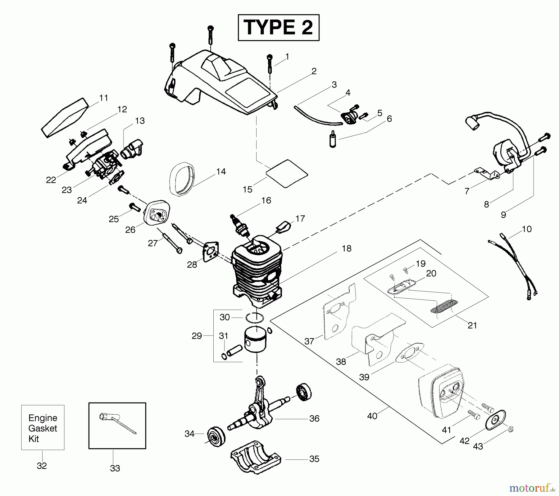 Poulan / Weed Eater Motorsägen 2055LE (Type 2) - Poulan Woodsman Chainsaw Engine Assembly Type 2