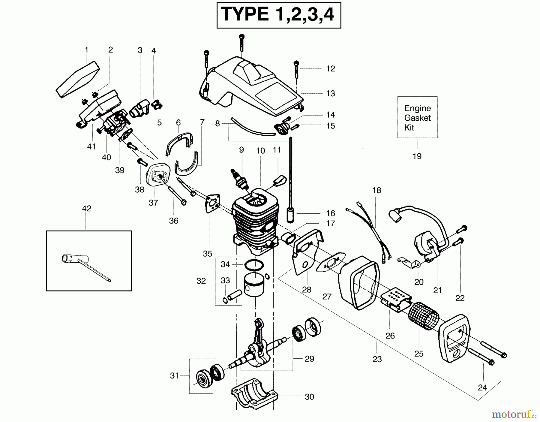 Poulan / Weed Eater Motorsägen 2075 (Type 3) - Poulan Chainsaw Engine Assembly Type 1, 2, 3, 4
