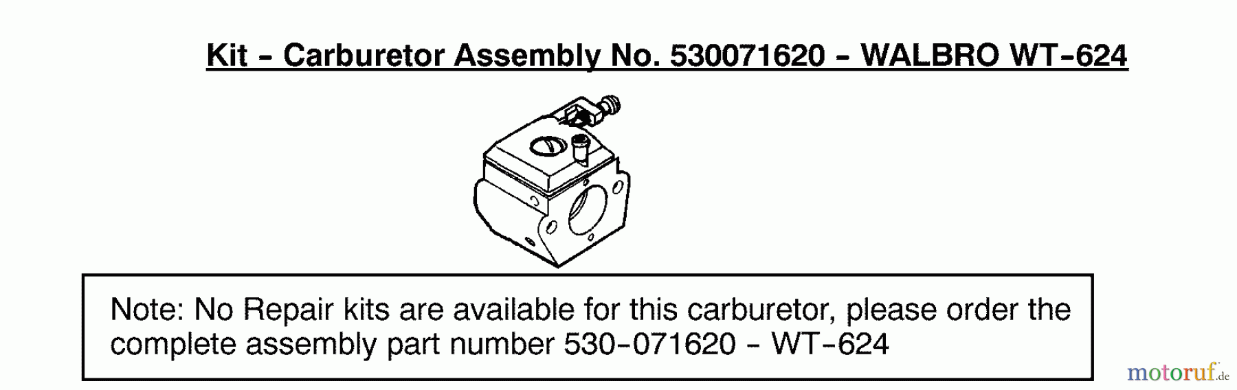 Poulan / Weed Eater Motorsägen 2075 (Type 3) - Poulan Chainsaw Carburetor Assembly (Walbro WT624) P/N 530071620