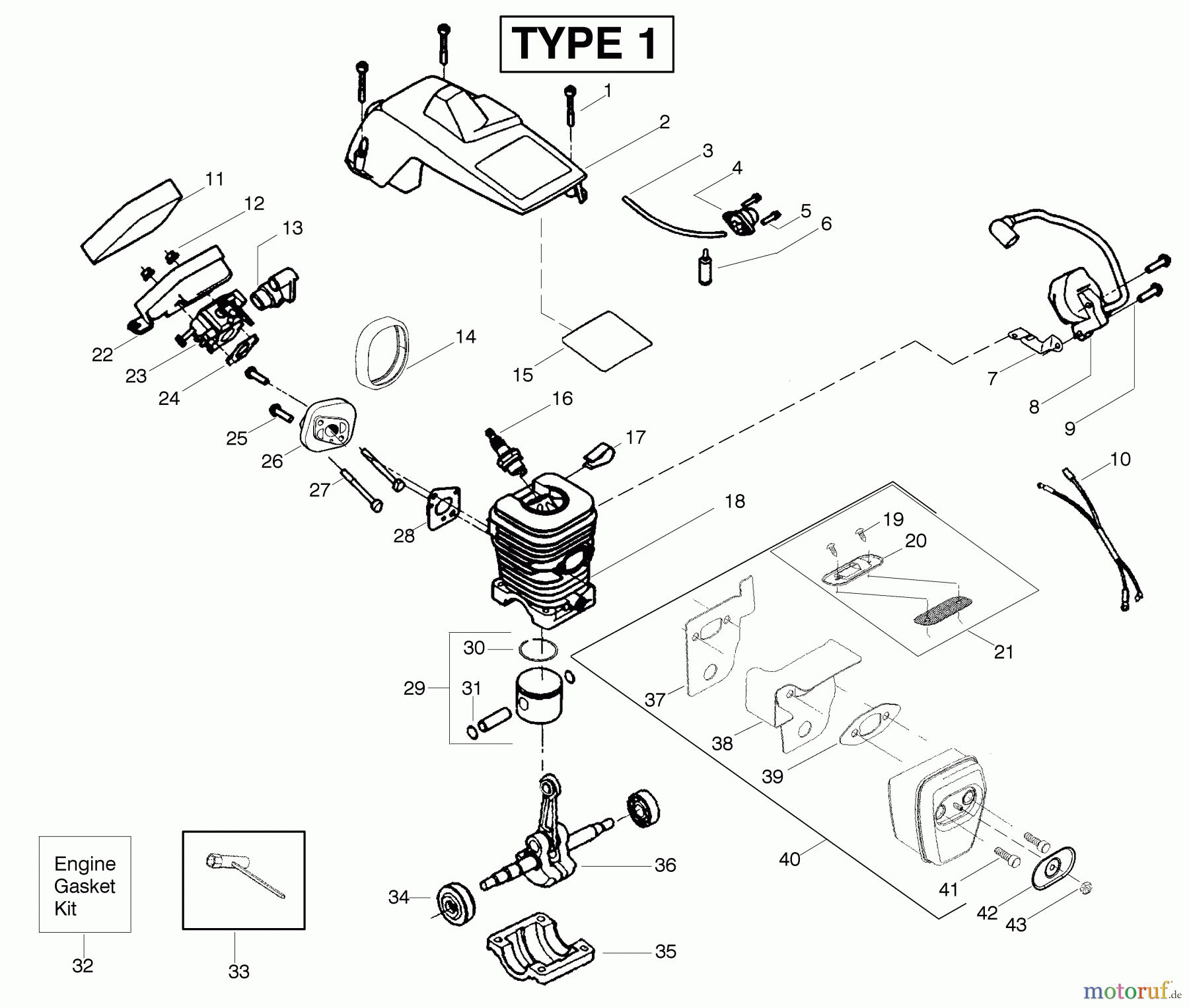 Poulan / Weed Eater Motorsägen 2150LE (Type 1) - Poulan Woodshark Chainsaw Engine Assembly Type 1