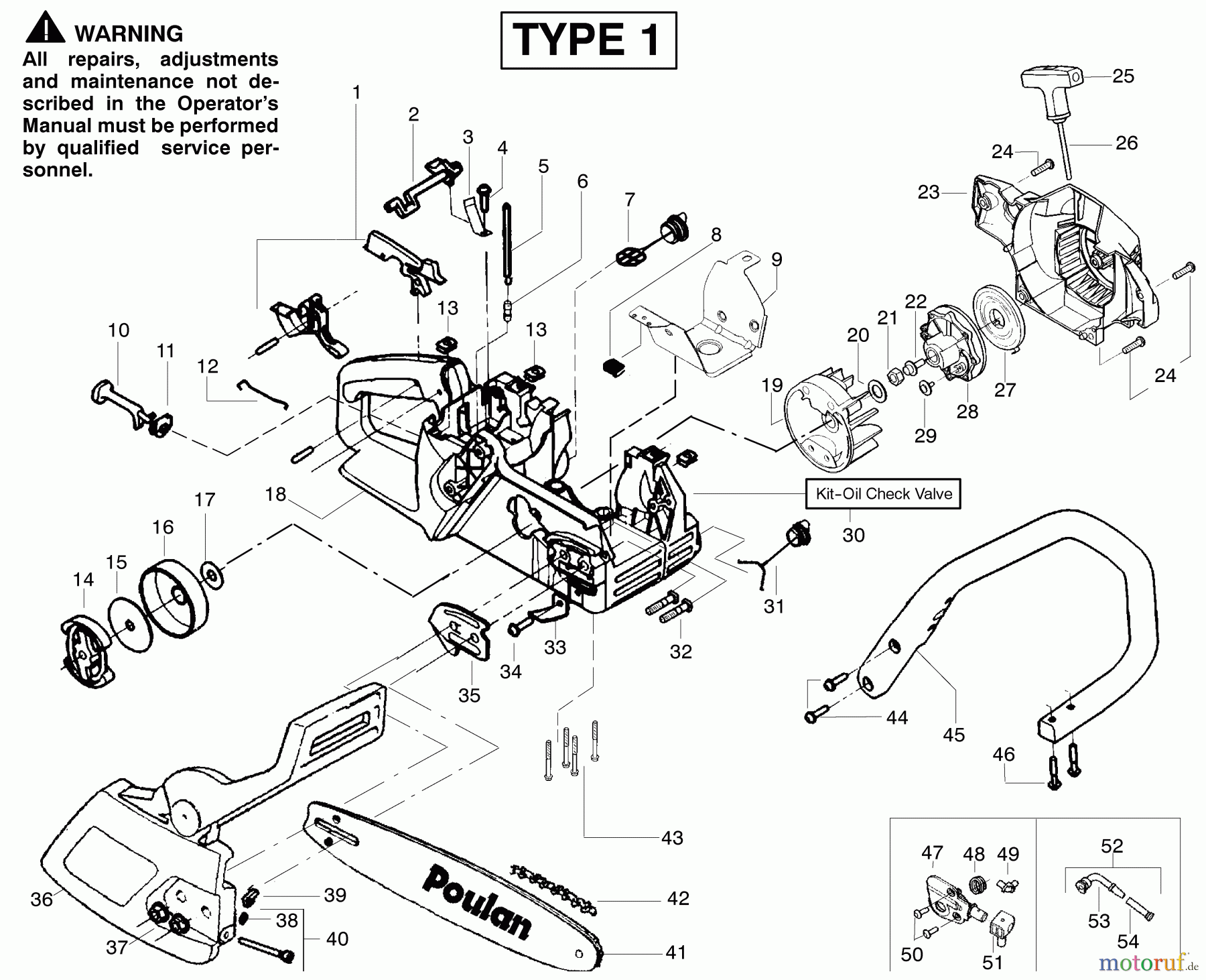Poulan / Weed Eater Motorsägen 2150LE (Type 1) - Poulan Woodshark Chainsaw Handle, Chassis & Bar Assembly Type 1