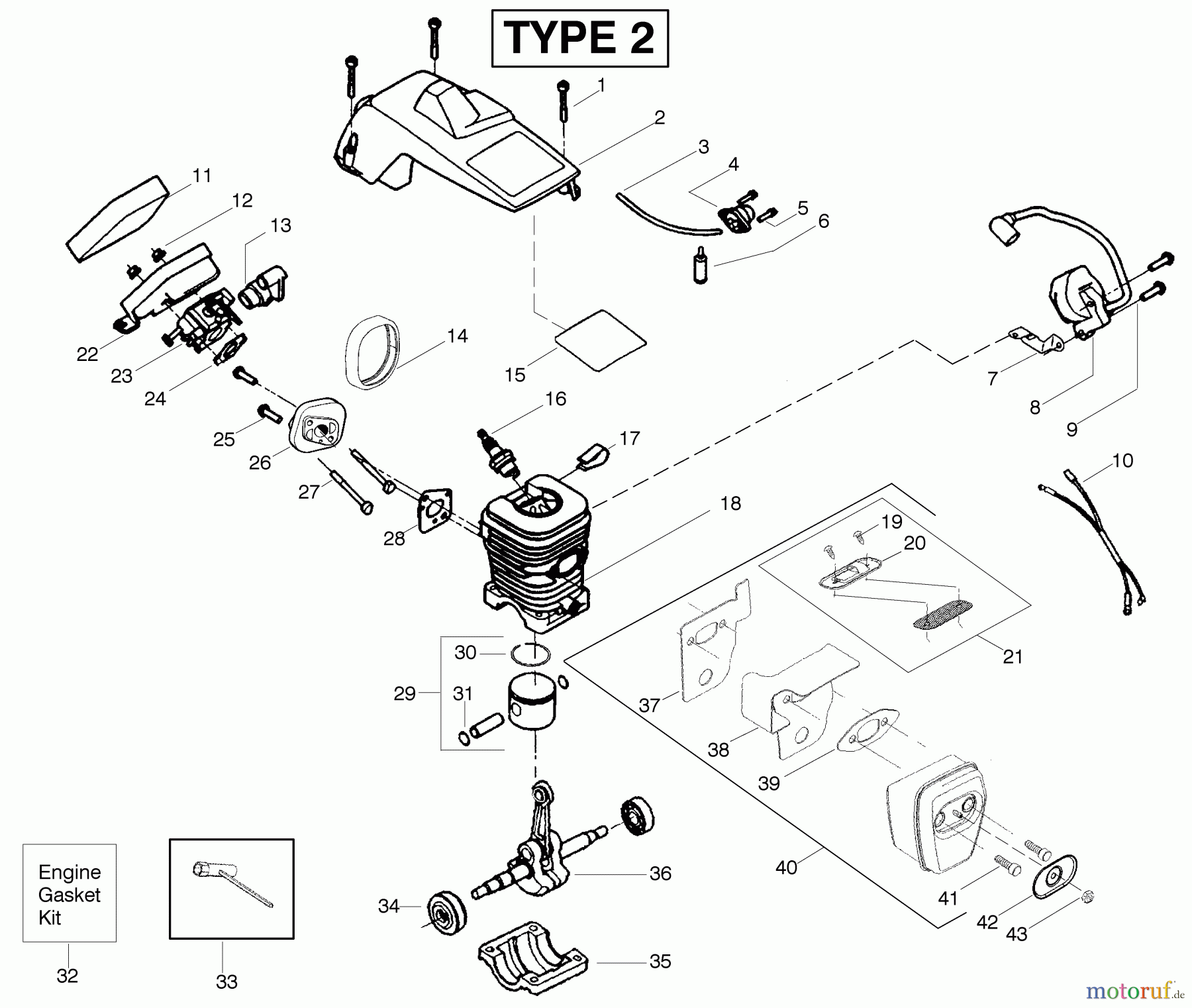 Poulan / Weed Eater Motorsägen 2150LE (Type 2) - Poulan Woodshark Chainsaw Engine Assembly Type 2
