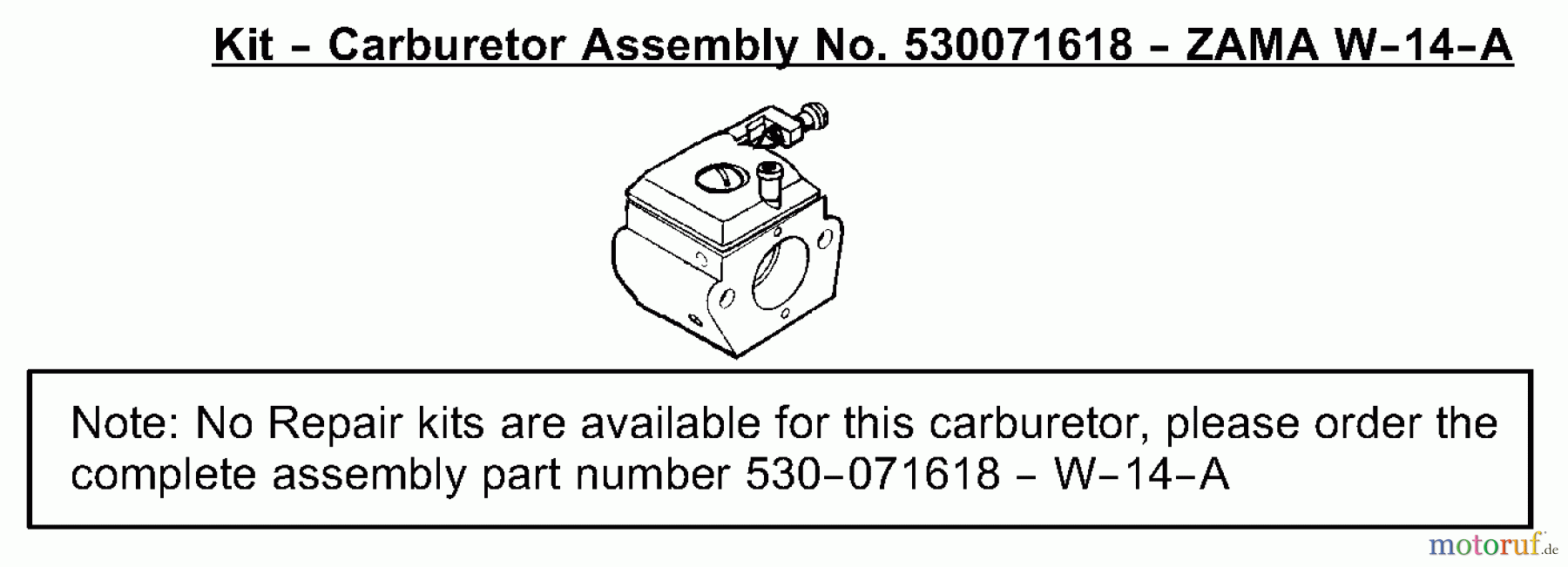 Poulan / Weed Eater Motorsägen 2155 (Type 1) - Poulan Plus Chainsaw Carburetor Assembly (Zama W-14-A) P/N 530071618