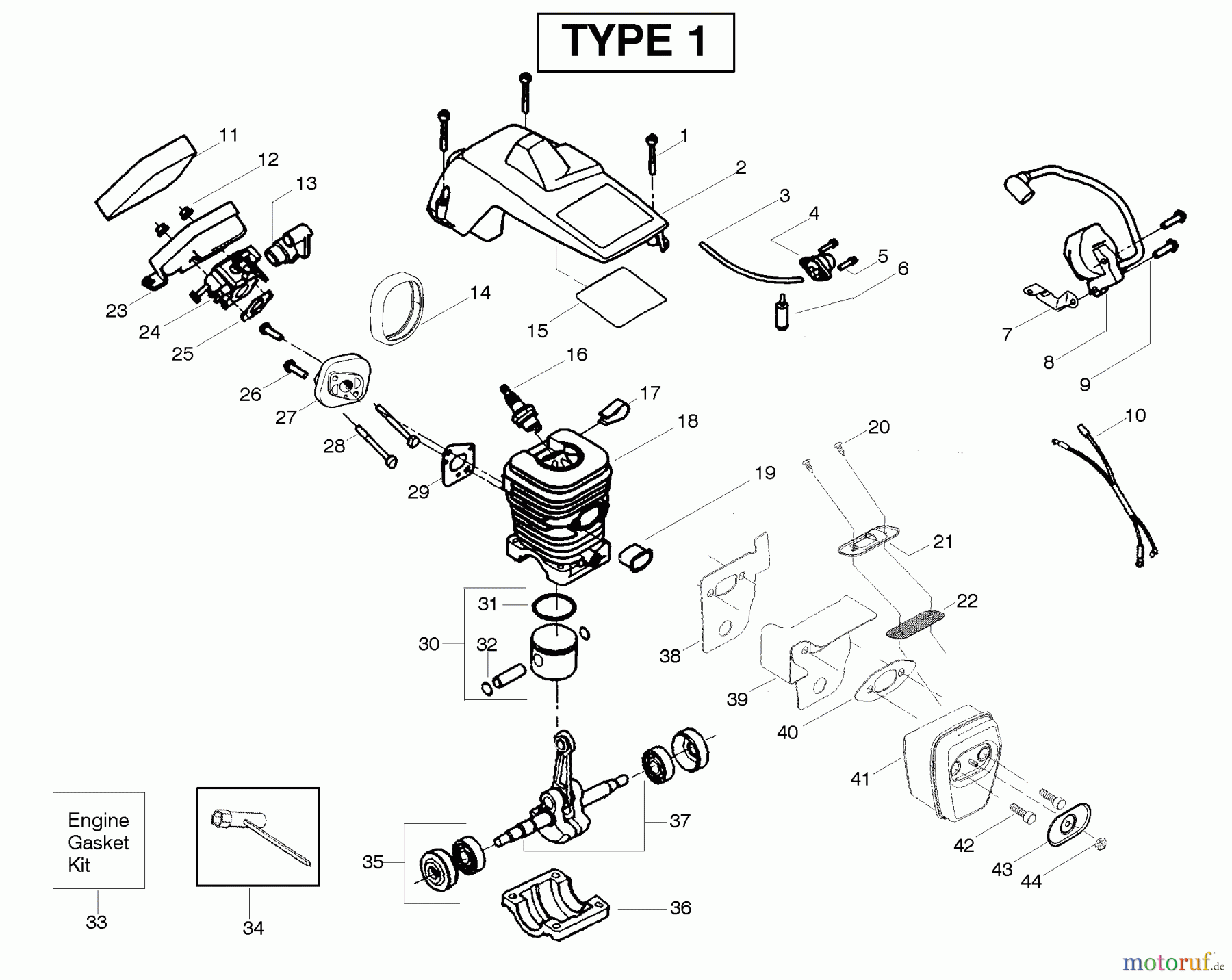 Poulan / Weed Eater Motorsägen 2250LE (Type 1) - Poulan Woodmaster Chainsaw Engine Type 1