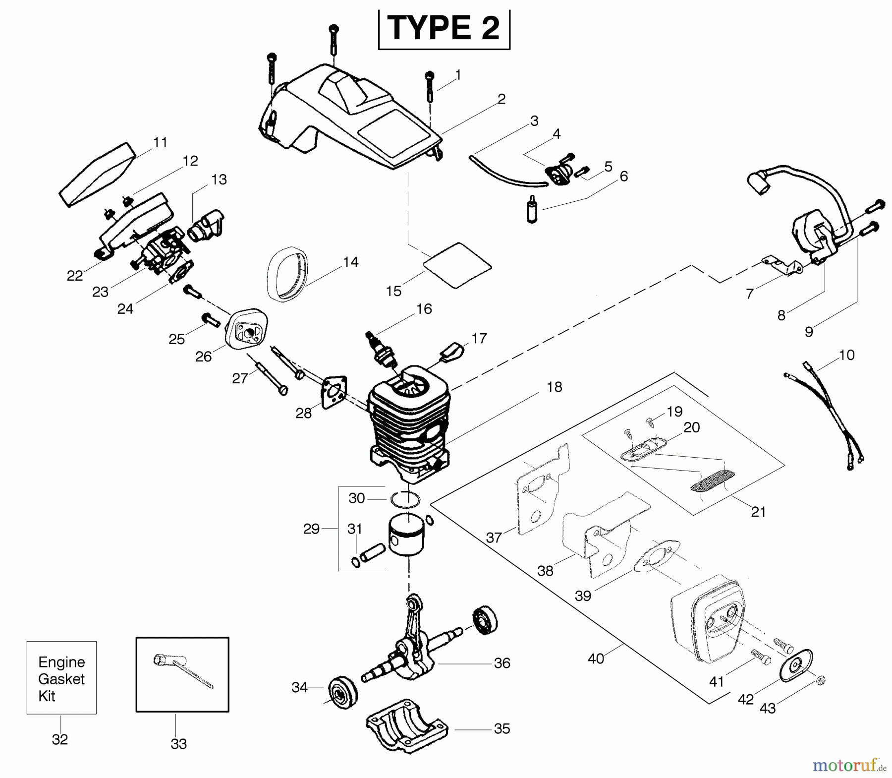 Poulan / Weed Eater Motorsägen 2375LE (Type 2) - Poulan Wildthing Chainsaw Engine Assembly Type 2