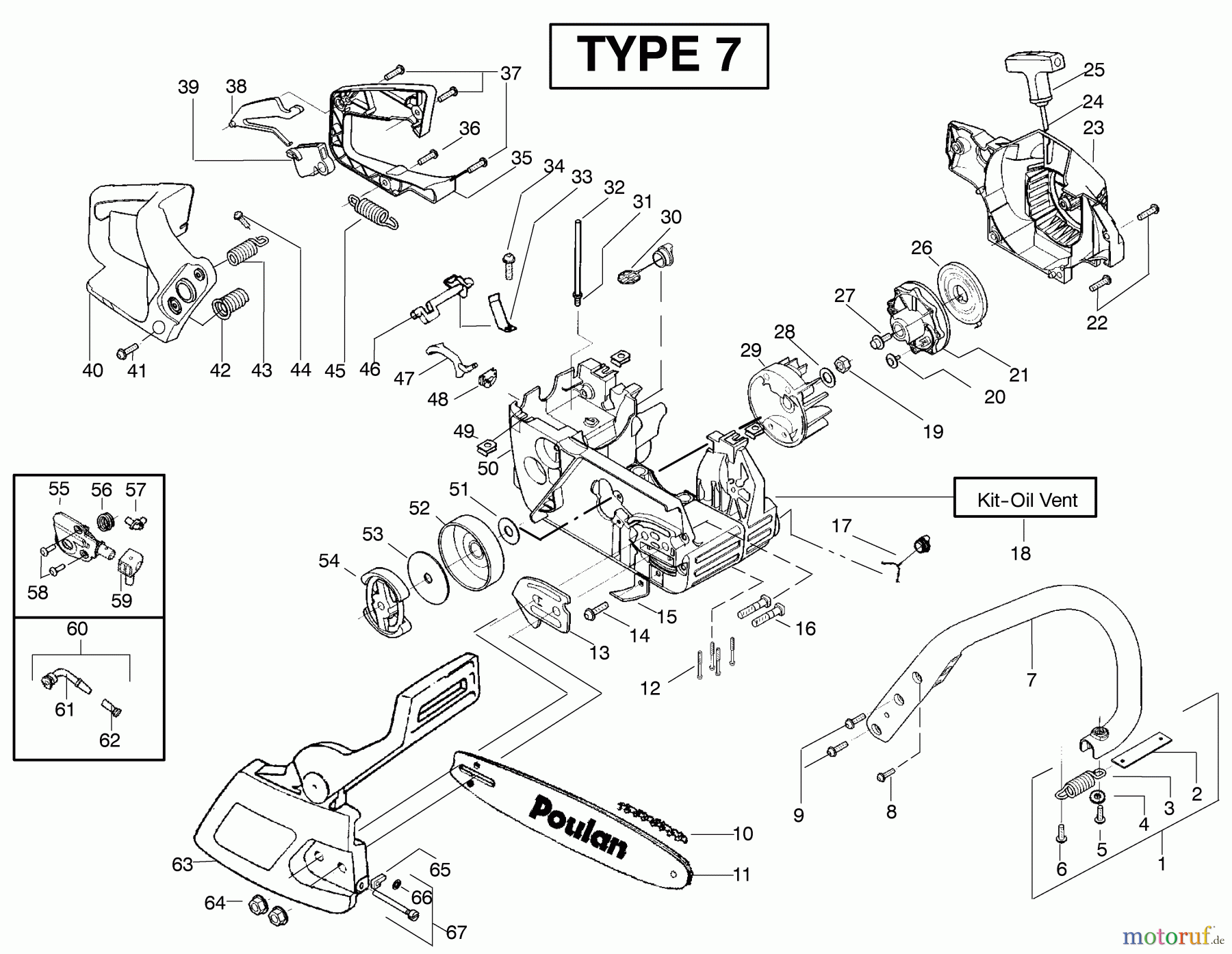 Poulan / Weed Eater Motorsägen 2550 (Type 7) - Poulan Woodmaster Chainsaw Handle, Chassis & Bar Assembly Type 7