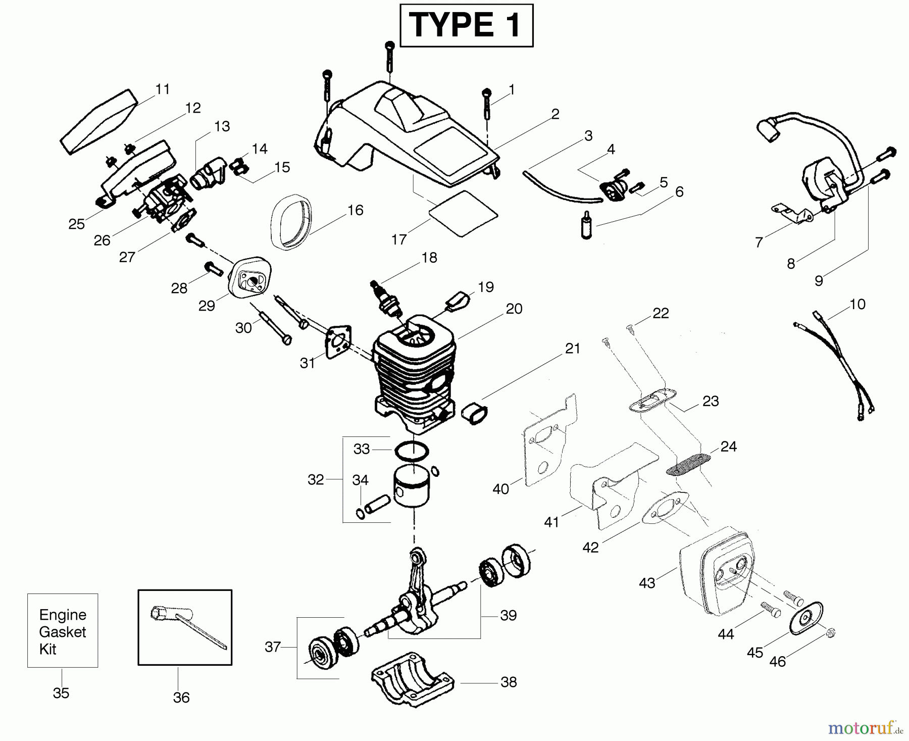Poulan / Weed Eater Motorsägen 2550LE (Type 1) - Poulan Woodmaster Chainsaw Engine Assembly Type 1