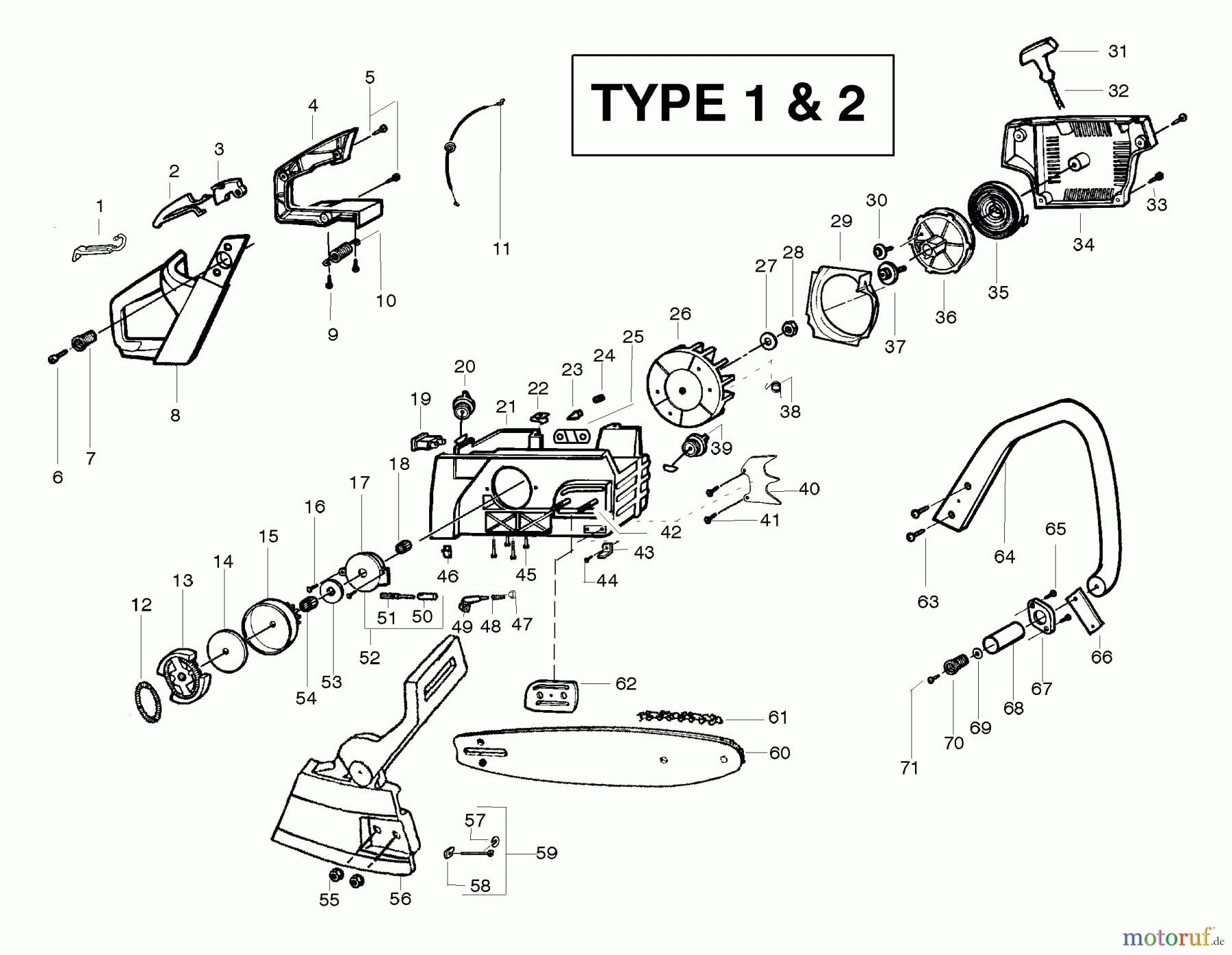 Poulan / Weed Eater Motorsägen 2775 (Type 1) - Poulan Chainsaw Handle, Chassis & Bar Assembly Type 1 & 2