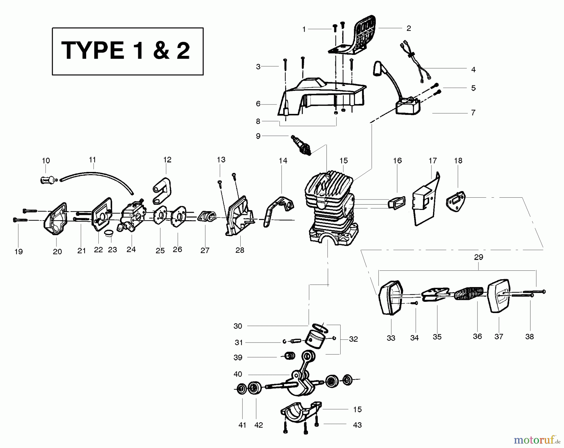 Poulan / Weed Eater Motorsägen 2900 (Type 2) - Poulan Chainsaw Engine Assembly - Type 1 & 2