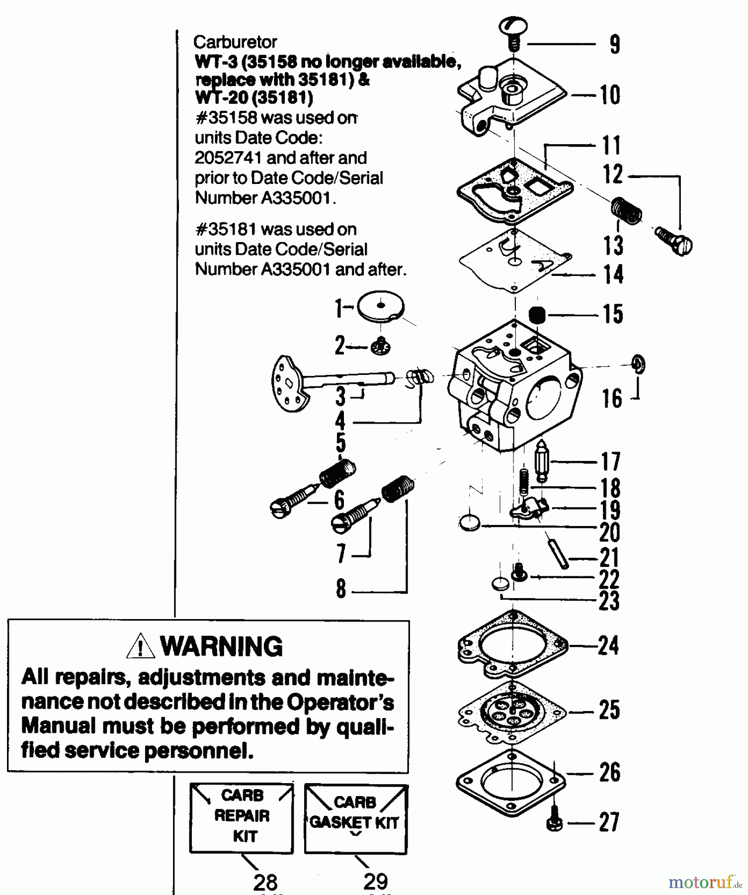 Poulan / Weed Eater Motorsägen MICRO XXV - Poulan Chainsaw CARBURETOR WT-3 (35158) & WT-20 (35181)