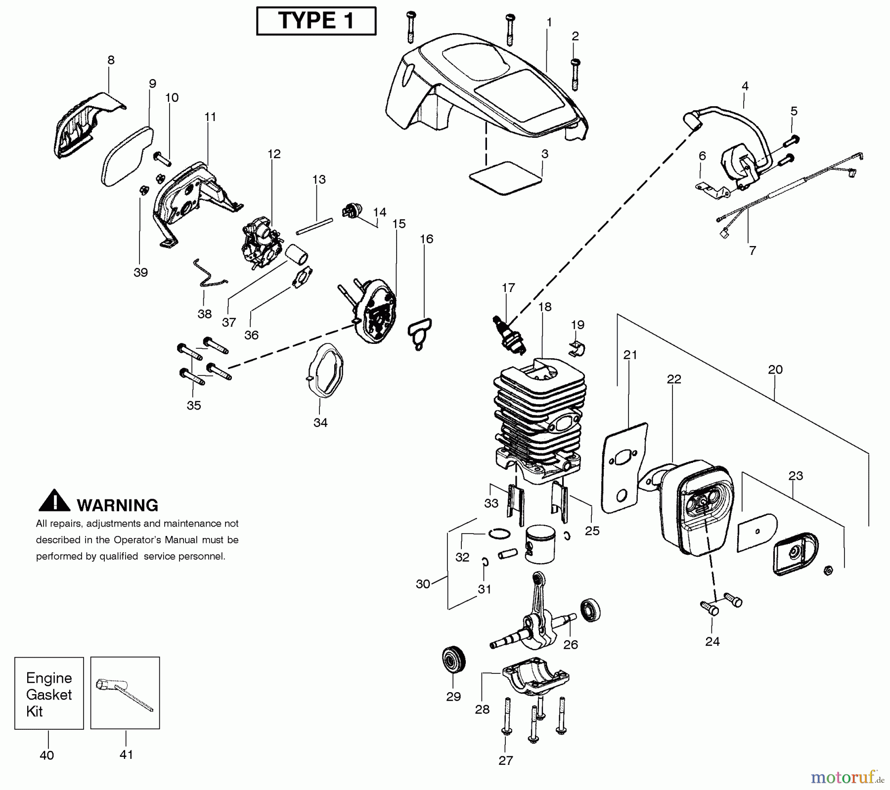 Poulan / Weed Eater Motorsägen P3314WSA (Type 1) - Poulan Woodshark Chainsaw Engine Assembly Type 1