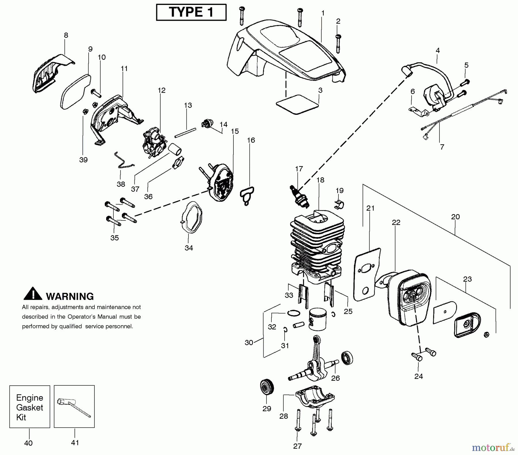 Poulan / Weed Eater Motorsägen P3416 (Type 1) - Poulan Chainsaw Engine Assembly Type 1