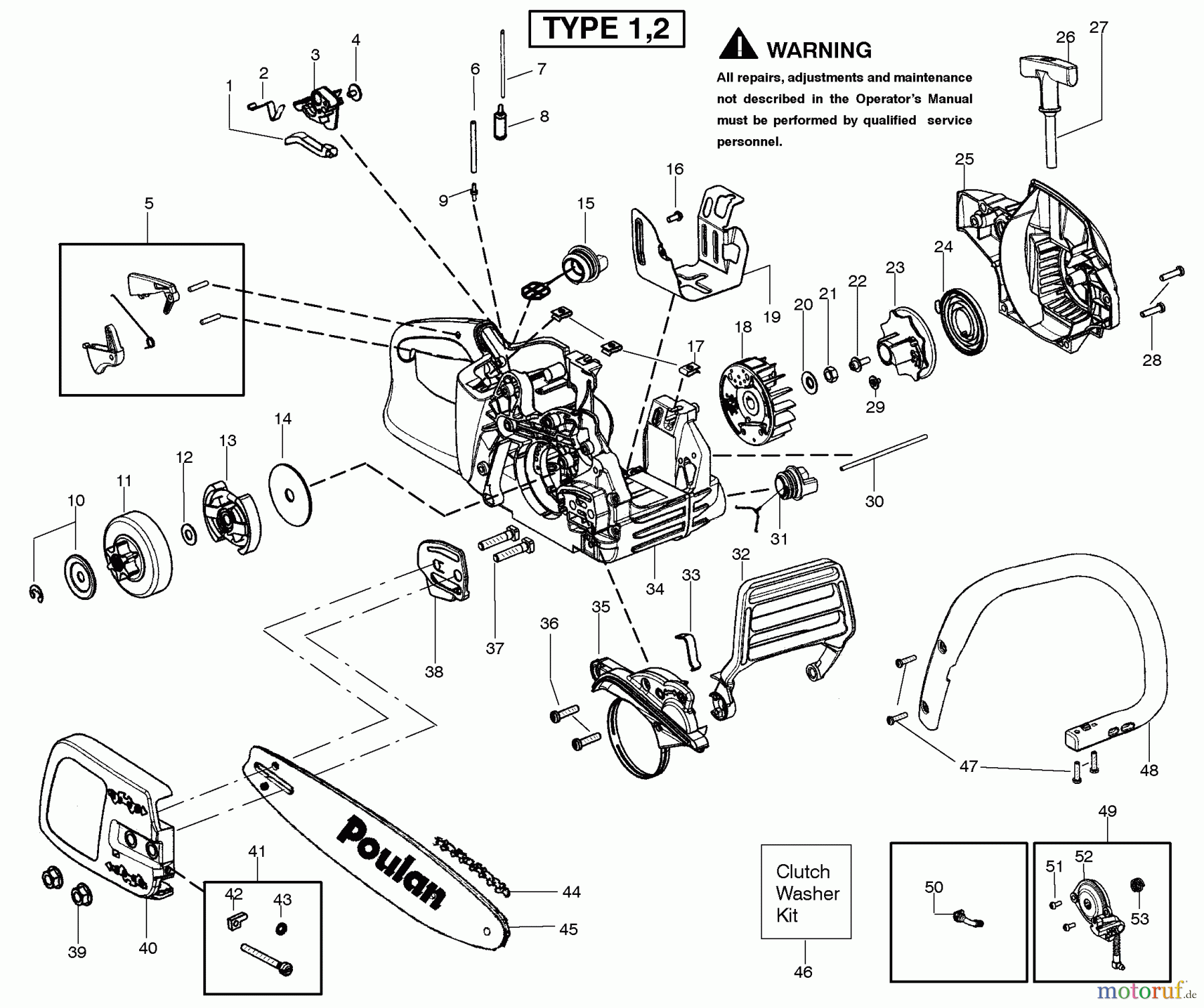 Poulan / Weed Eater Motorsägen P3416 (Type 1) - Poulan Chainsaw Handle, Chassis & Bar Assembly Type 1,2