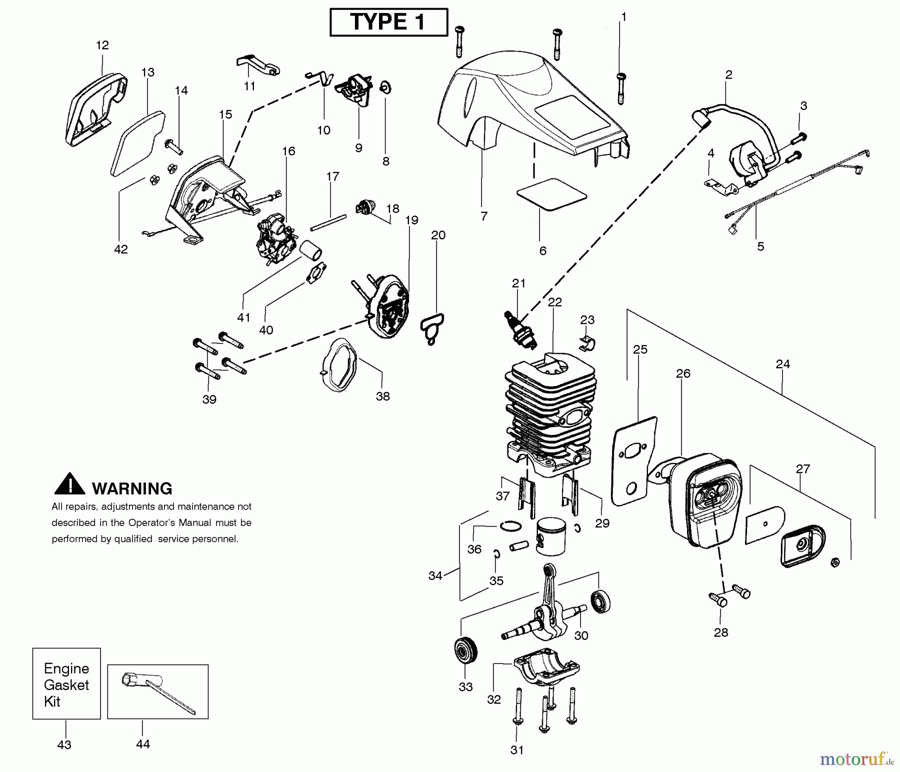 Poulan / Weed Eater Motorsägen P4018AV-BH (Type 1) - Poulan Chainsaw Engine Assembly Type 1
