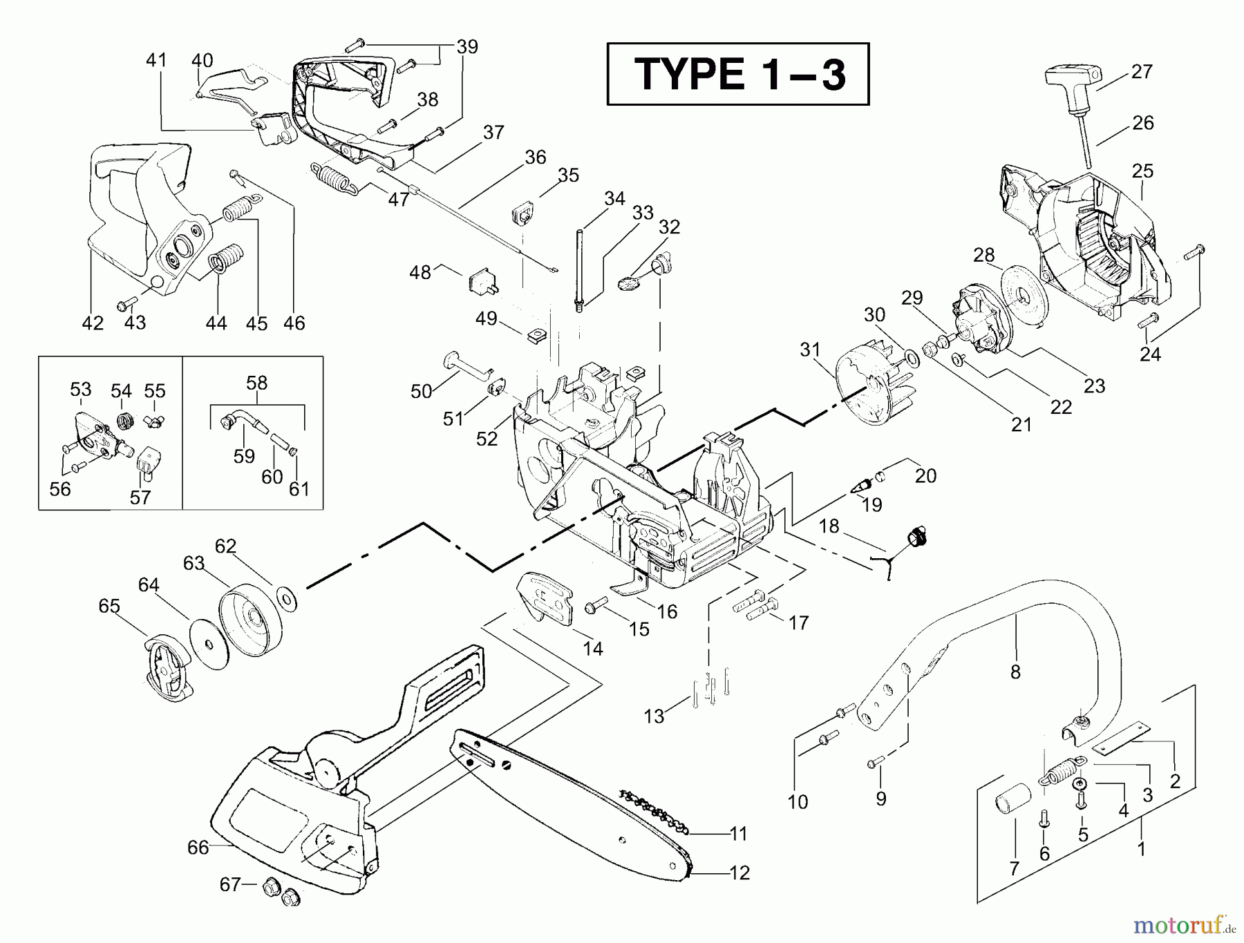 Poulan / Weed Eater Motorsägen PP221 (Type 1) - Poulan Pro Chainsaw Chassis & Handle Assembly Type 1-3