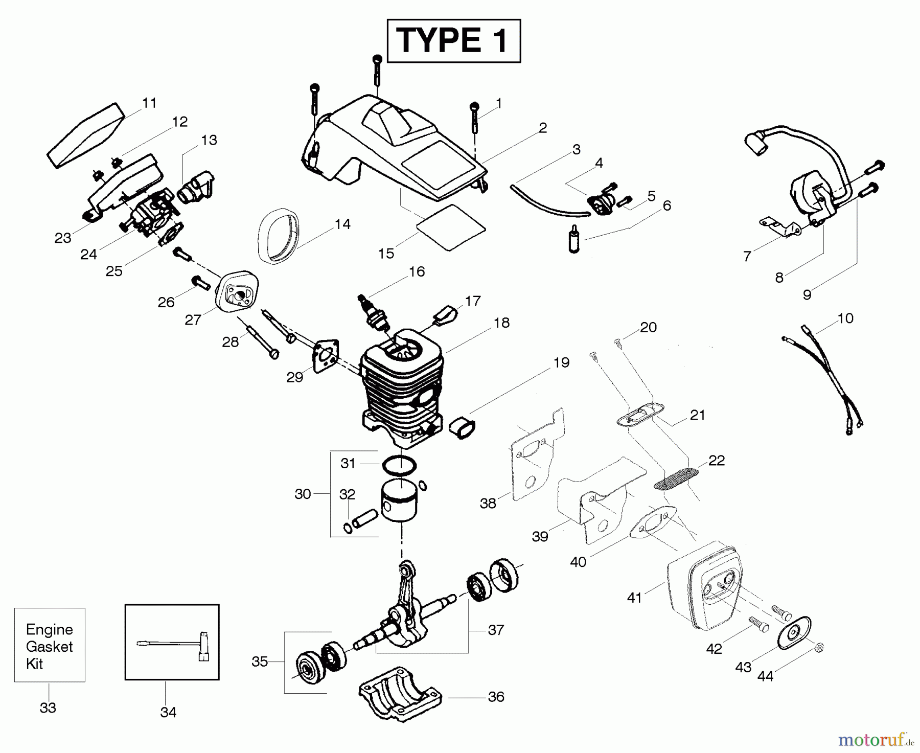 Poulan / Weed Eater Motorsägen PP221LE (Type 1) - Poulan Pro Chainsaw Engine Type 1