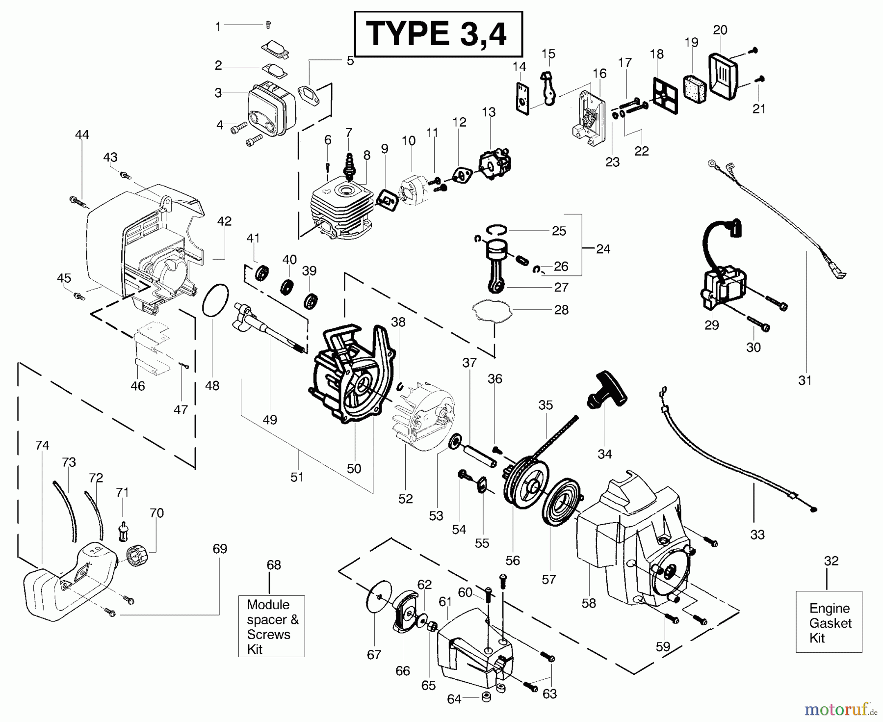 Poulan / Weed Eater Motorsensen, Trimmer BC2500LE (Type 3) - Weed Eater String Trimmer Engine Assembly Type 3 & 4