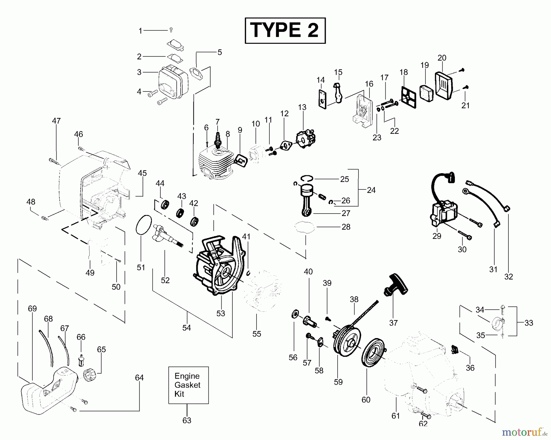 Poulan / Weed Eater Motorsensen, Trimmer FL25LE (Type 2) - Weed Eater Featherlite LE String Trimmer Engine Assembly Type 2