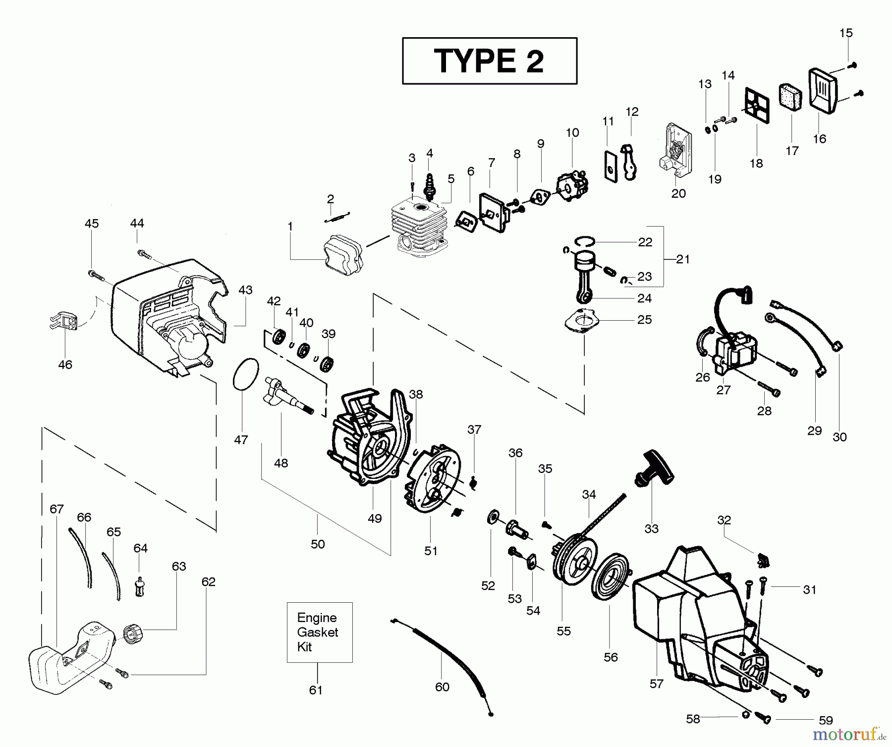  Poulan / Weed Eater Motorsensen, Trimmer PL500 (Type 2) - Weed Eater String Trimmer Engine Assembly Type 2