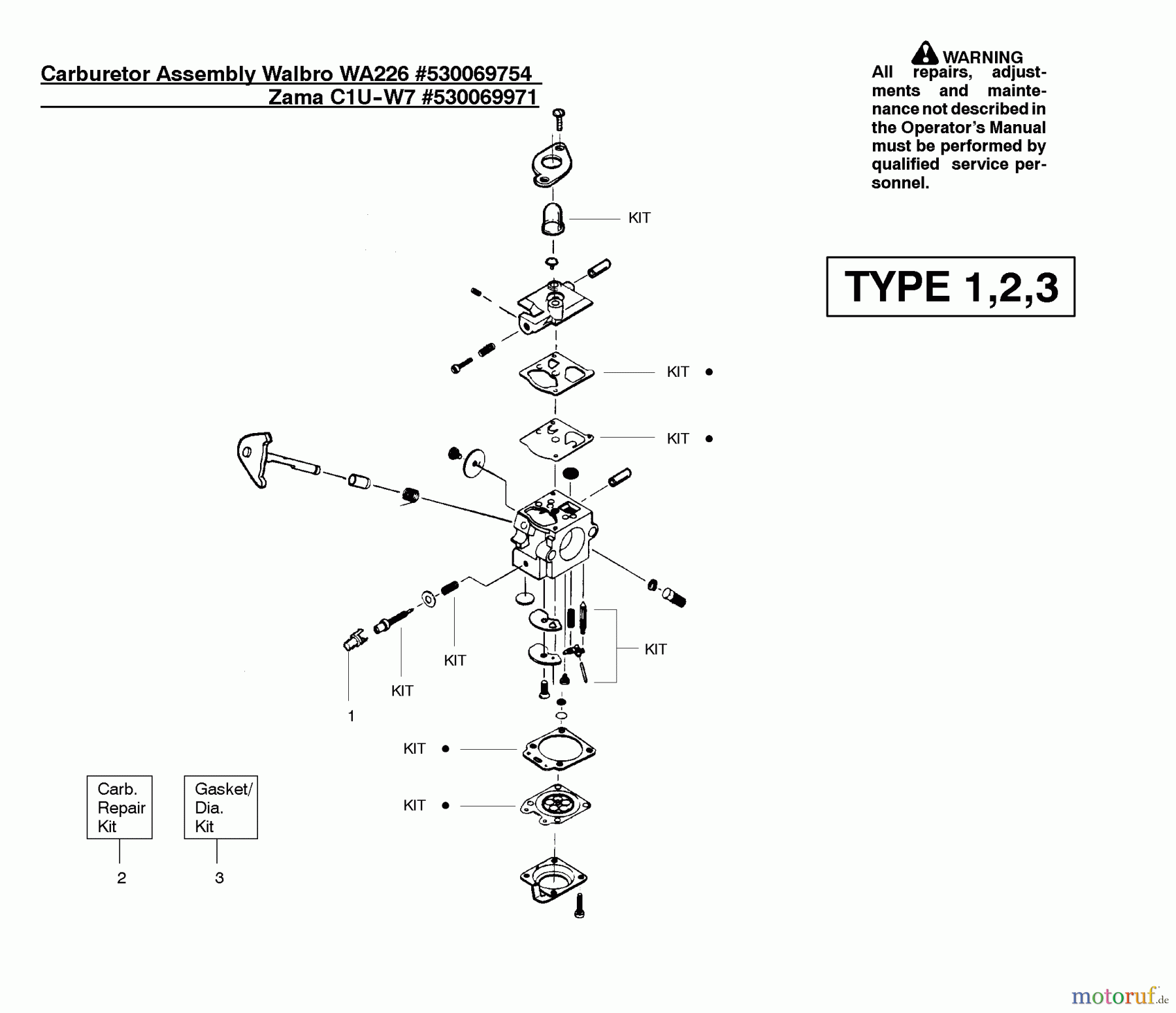 Poulan / Weed Eater Motorsensen, Trimmer PL500 (Type 3) - Weed Eater String Trimmer Carburetor Assembly (WT226) P/N 530069754, (Zama C1U-W70) P/N 530069971