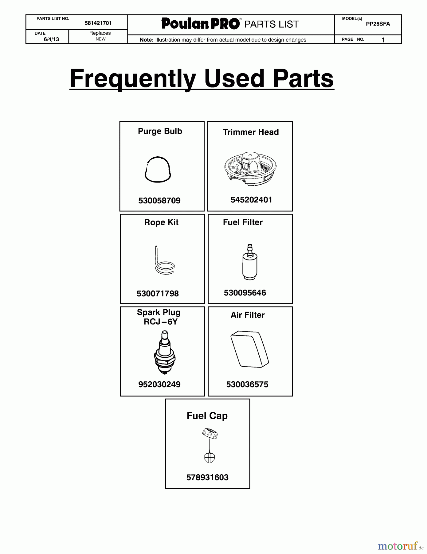 Poulan / Weed Eater Motorsensen, Trimmer PP25SFA (967185701) - Poulan Pro String Trimmer (2013-06) FREQUENTLY USED PARTS