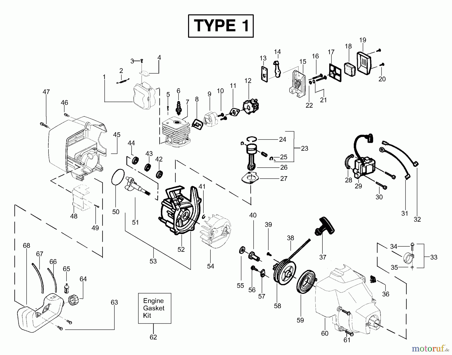 Poulan / Weed Eater Motorsensen, Trimmer SST (Type 1) - Weed Eater Featherlite LE String Trimmer Engine Assembly Type 1