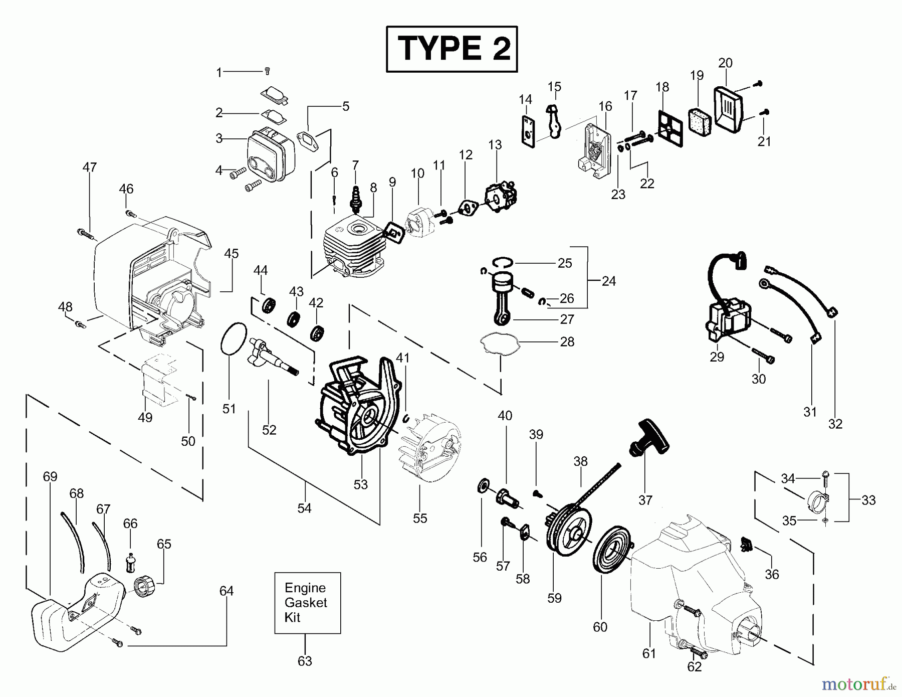 Poulan / Weed Eater Motorsensen, Trimmer SST (Type 2) - Weed Eater Featherlite LE String Trimmer Engine Assembly Type 2