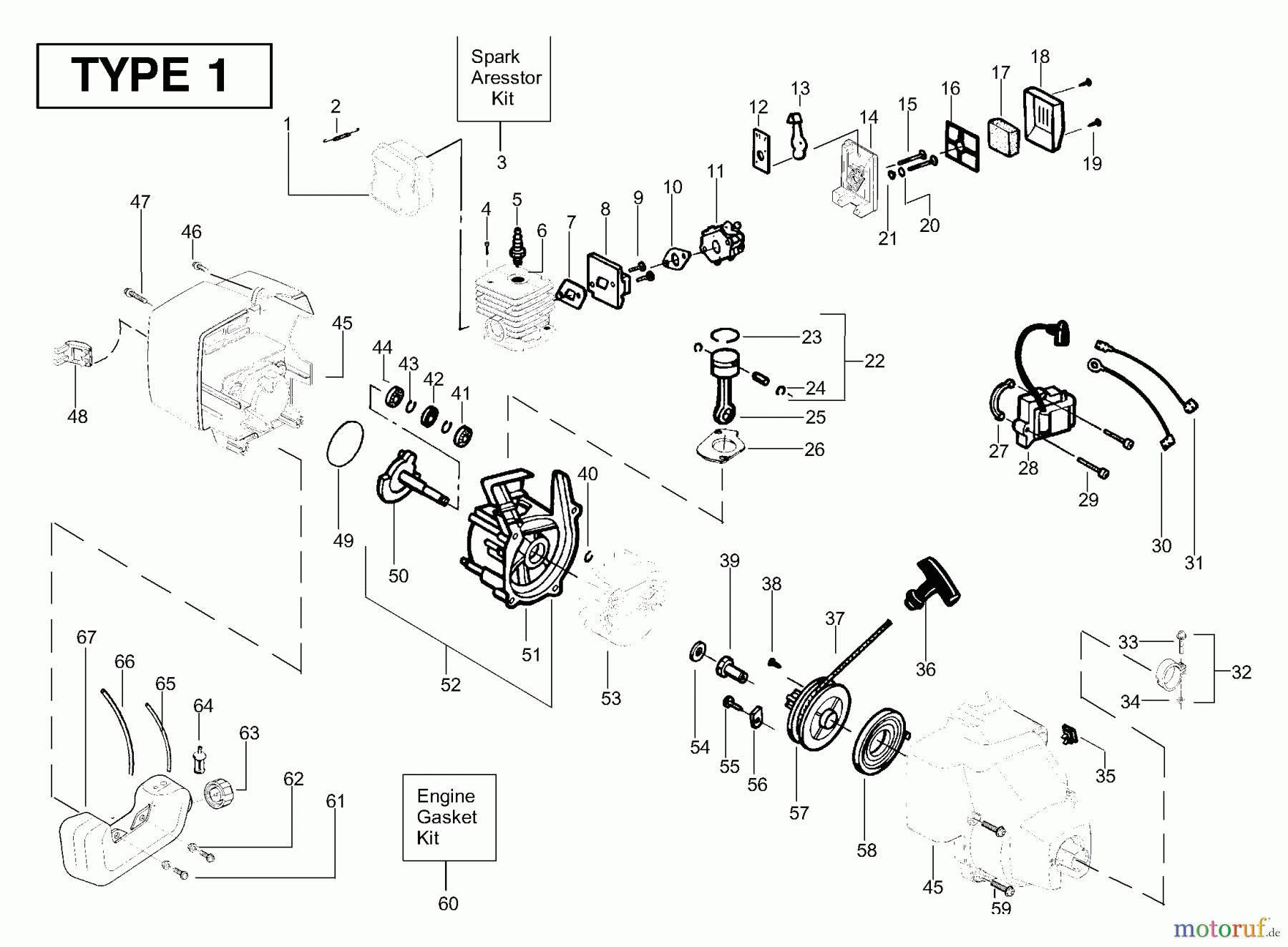 Poulan / Weed Eater Motorsensen, Trimmer SST25 (Type 1) - Weed Eater Featherlite HO String Trimmer Engine Assembly Type 1