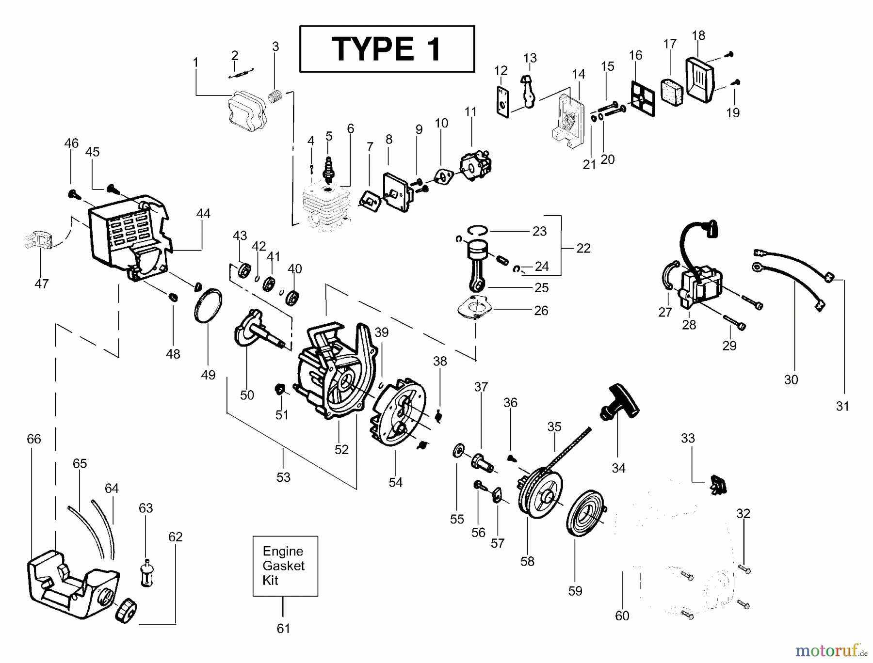 Poulan / Weed Eater Motorsensen, Trimmer TE450CXL (Type 1) - Poulan String Trimmer Engine Assembly Type 1