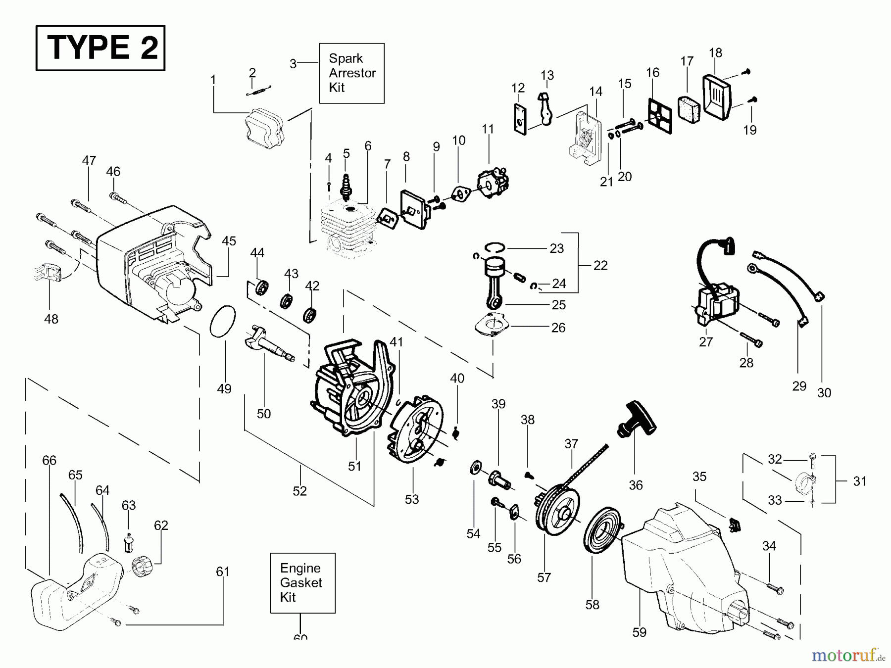 Poulan / Weed Eater Motorsensen, Trimmer XT200 (Type 2) - Weed Eater String Trimmer Engine Assembly Type 2