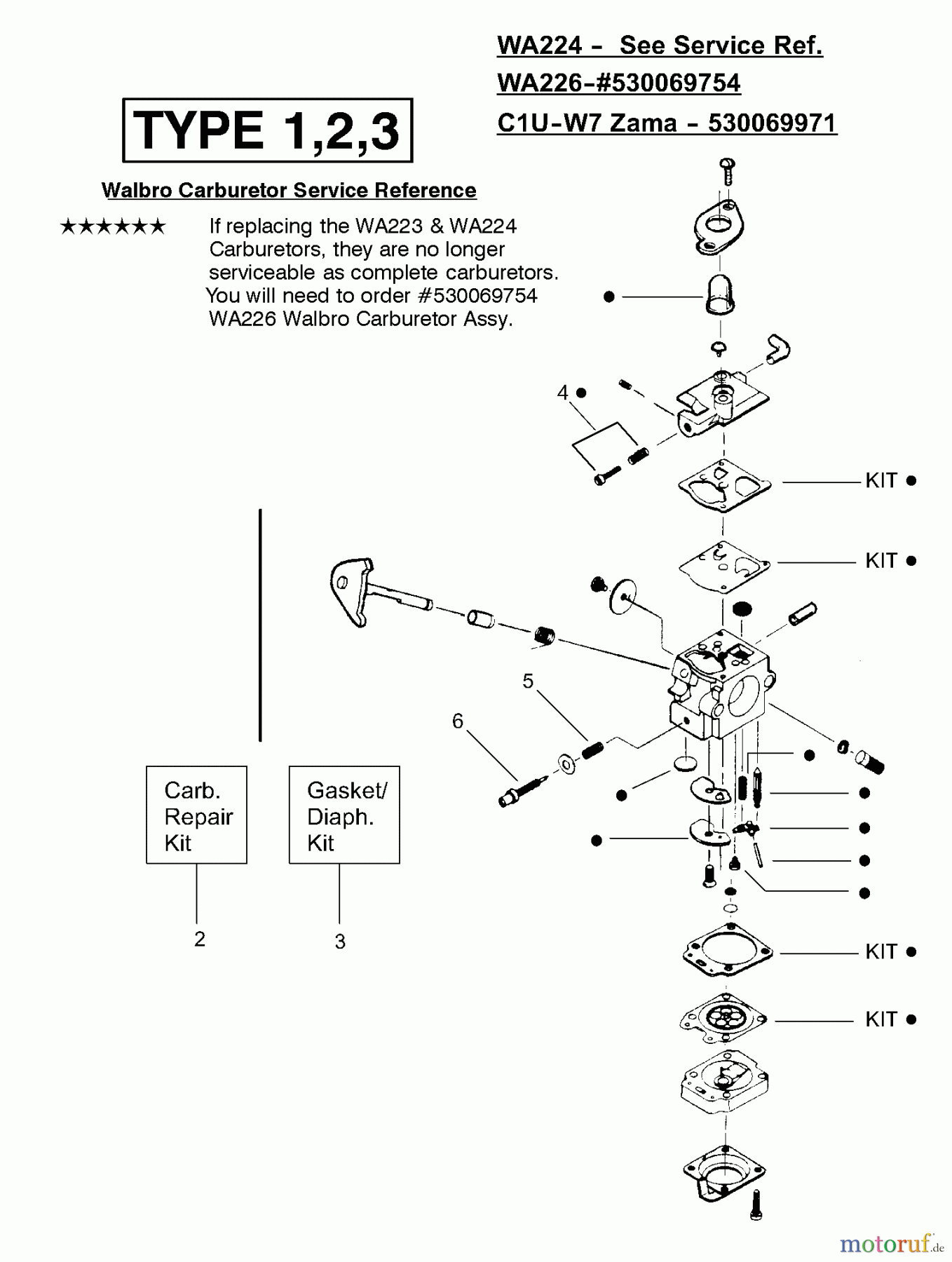Poulan / Weed Eater Motorsensen, Trimmer XT200 (Type 2) - Weed Eater String Trimmer Carburetor Assembly (WA224), (WA226) 530069754, (Zama C1U-W7) 530069971